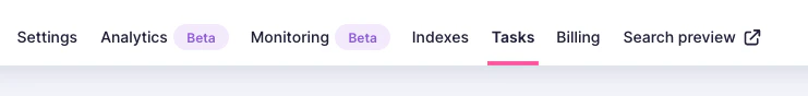 Meilisearch Cloud menu with "Tasks" highlighted