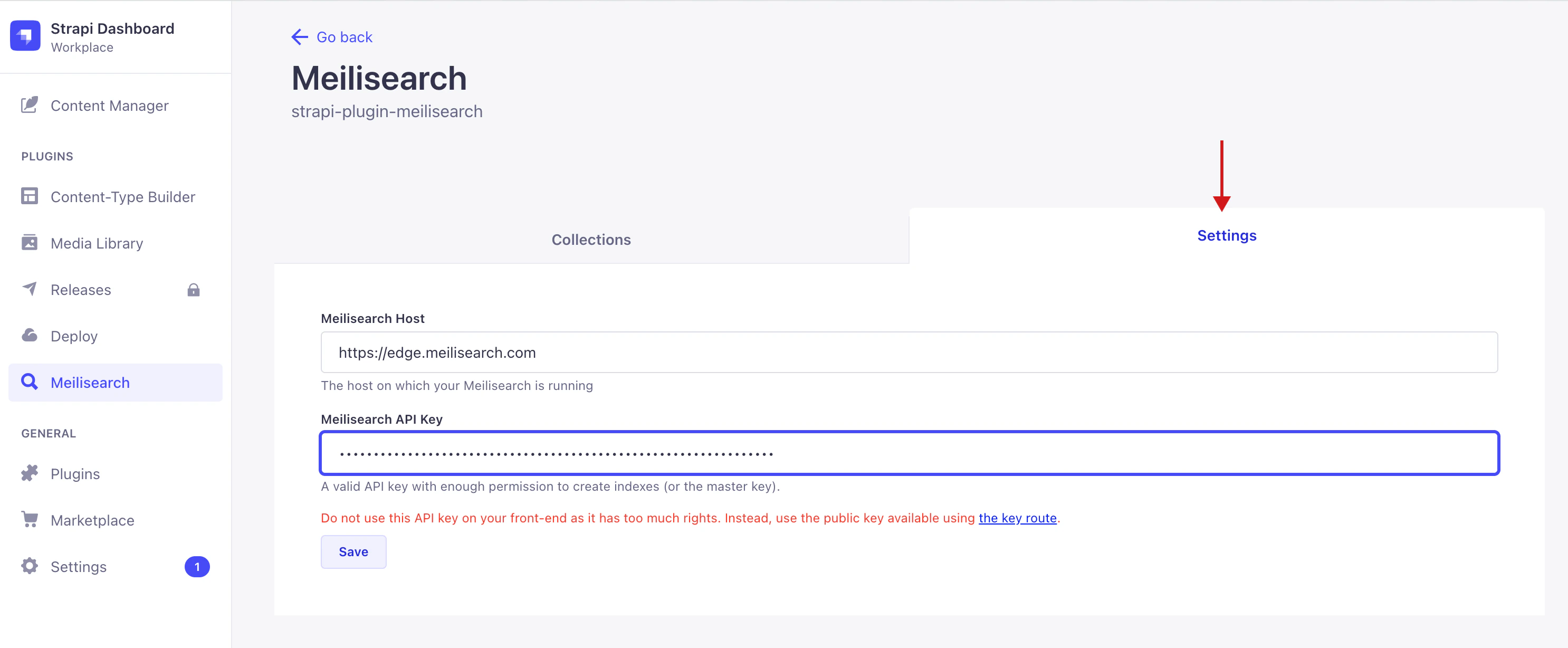 Strapi dashboard with Meilisearch plugin selected: arrow pointing to the location of the settings tab