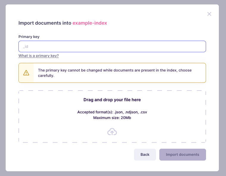 Another modal window with a large drag-and-drop area. It indicates a file named 'movies.json' will be uploaded