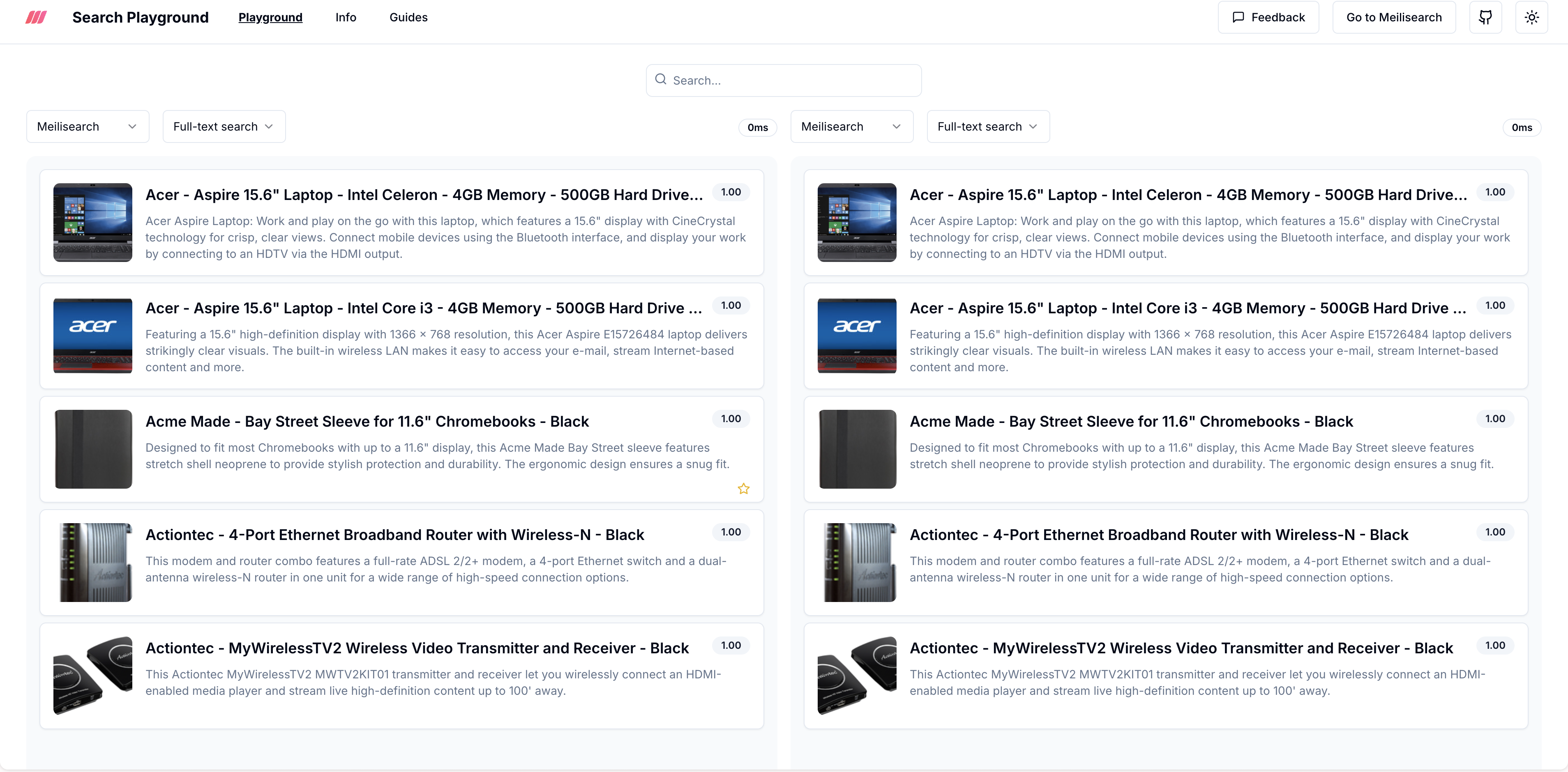 Search Playground demo with side-by-side comparison