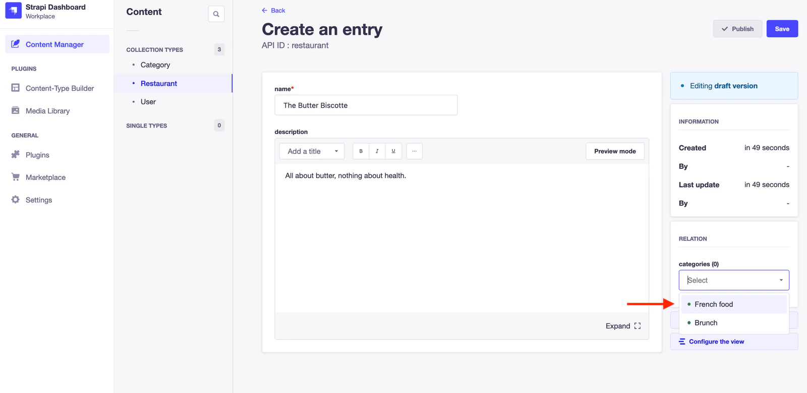 Strapi dashboard: create an entry form, arrow indicating the category's location in the right side menu