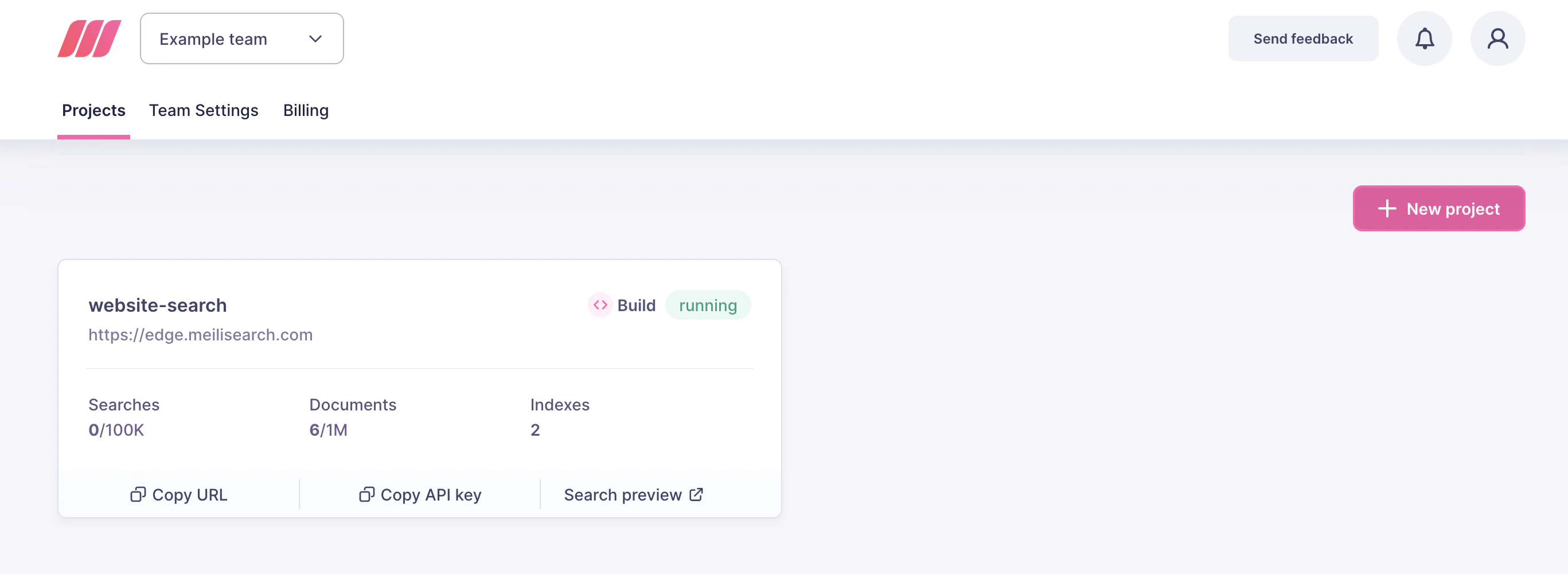 Meilisearch Cloud's main list of projects. It features only one project, 'meilisearch-quick-start', and shows information such as API keys, URL, and number of monthly searches
