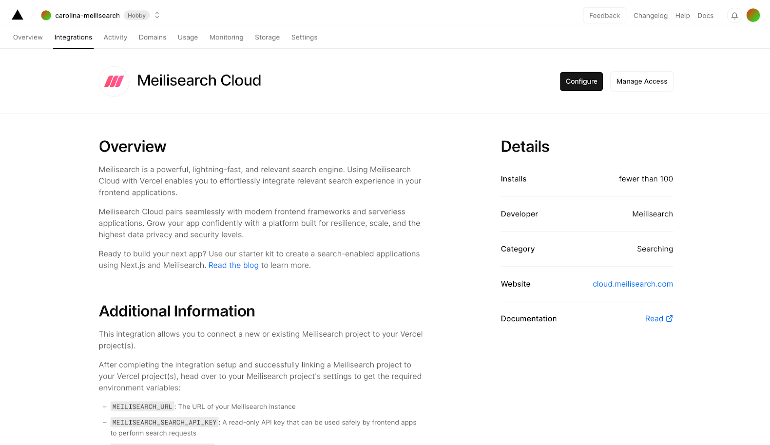 Meilisearch integration page in Vercel's dashboard