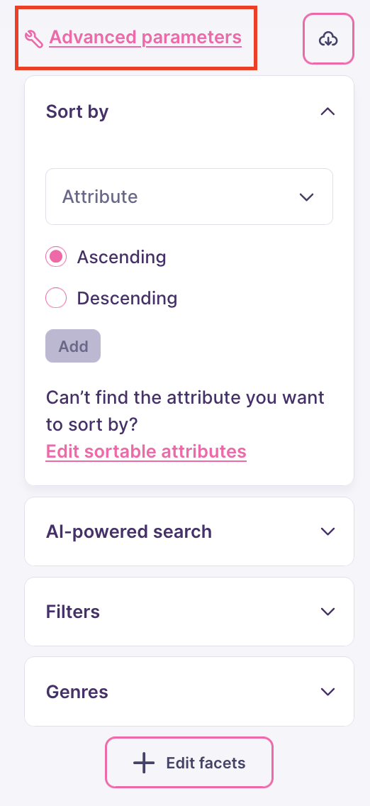 The same sidebar as before with the 'Advanced parameters' option highlighted