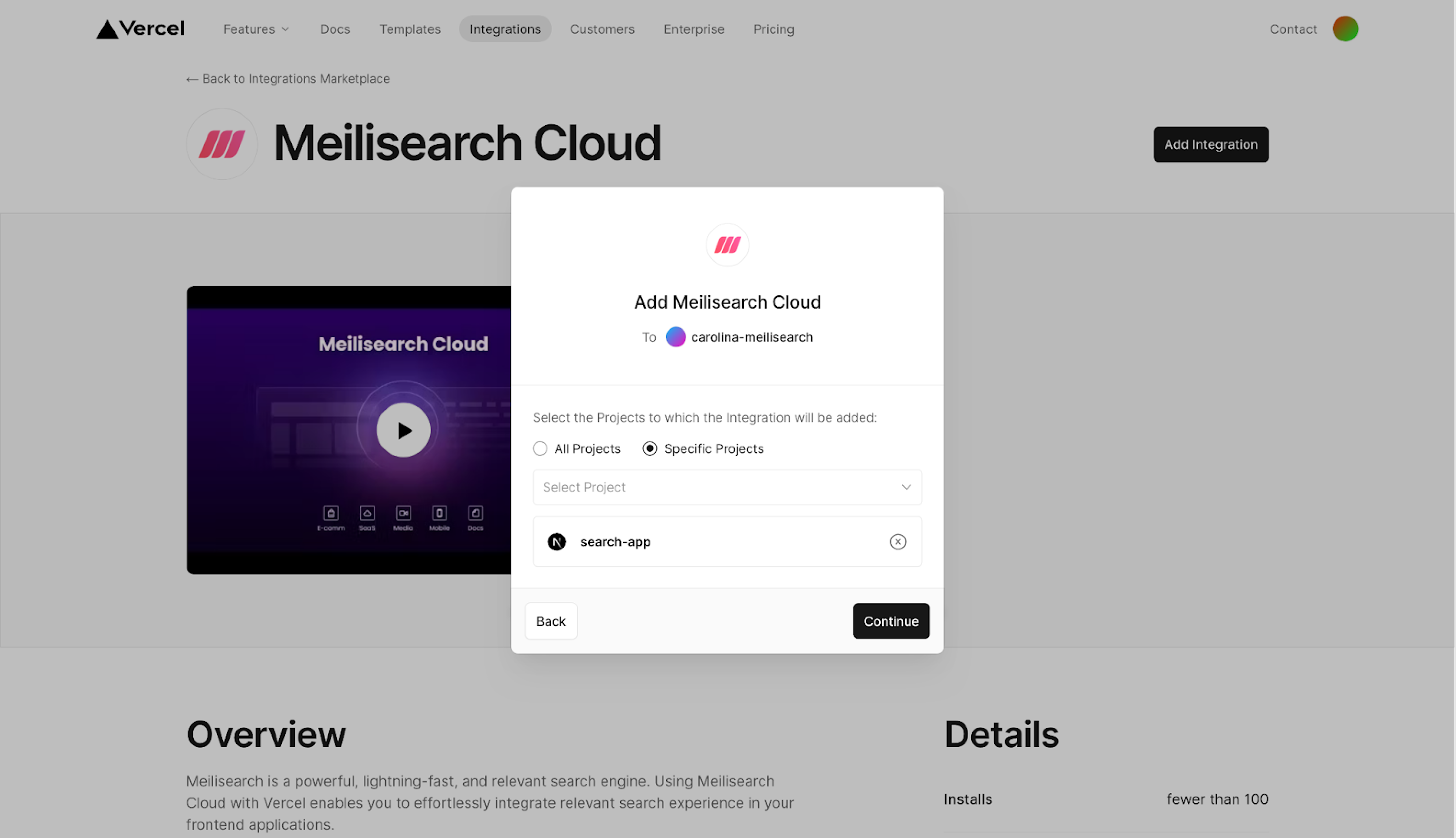 Form to add Meilisearch integration, the 'Specific projects' option is selected