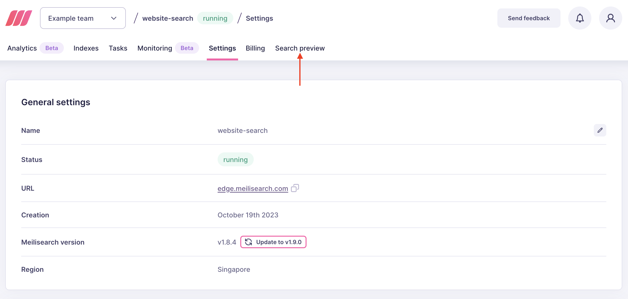 The project overview page. A red arrow points at a menu item named 'Search preview'