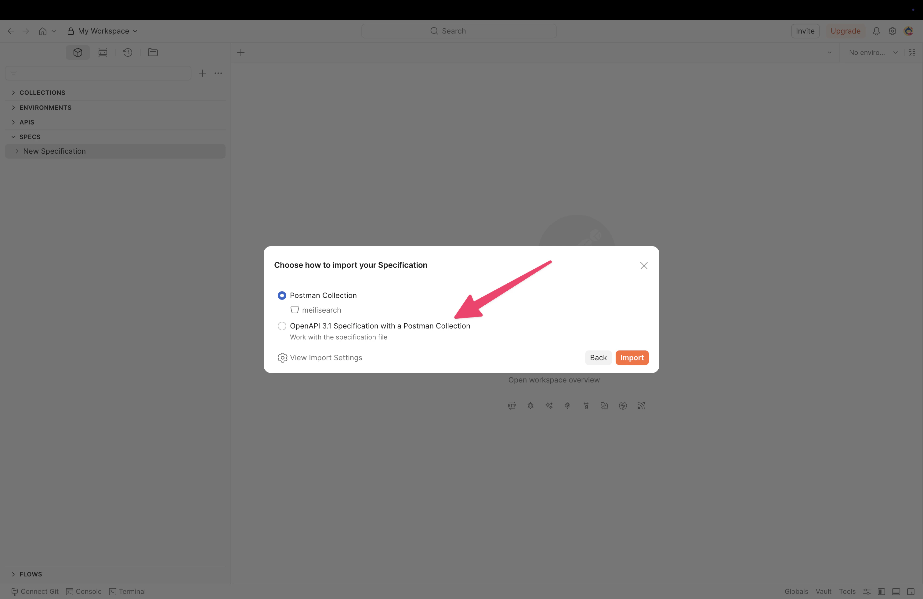 The Postman import dialog with a drop zone for files