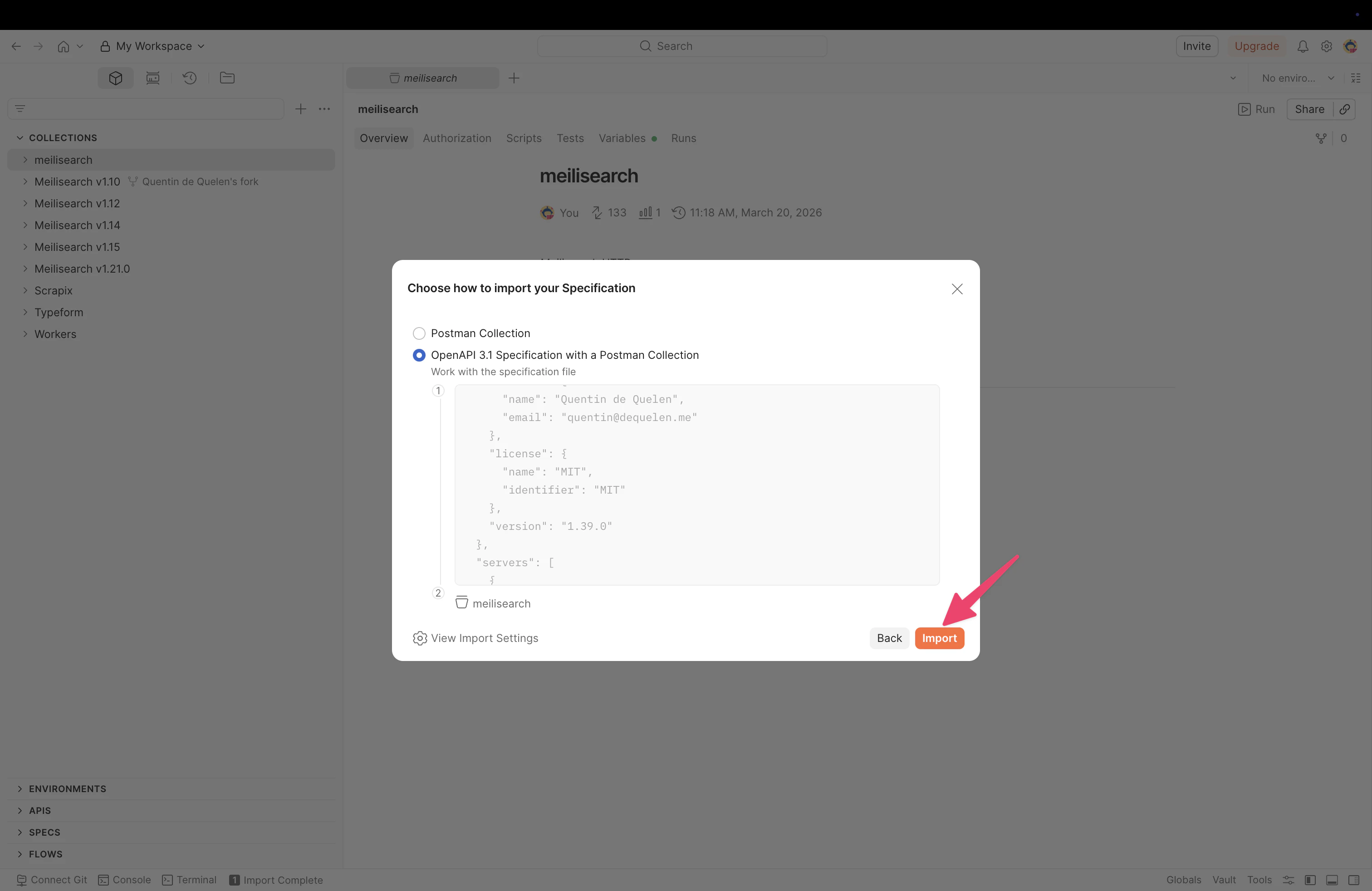 The import specification dialog with 'OpenAPI 3.1 Specification with a Postman Collection' selected