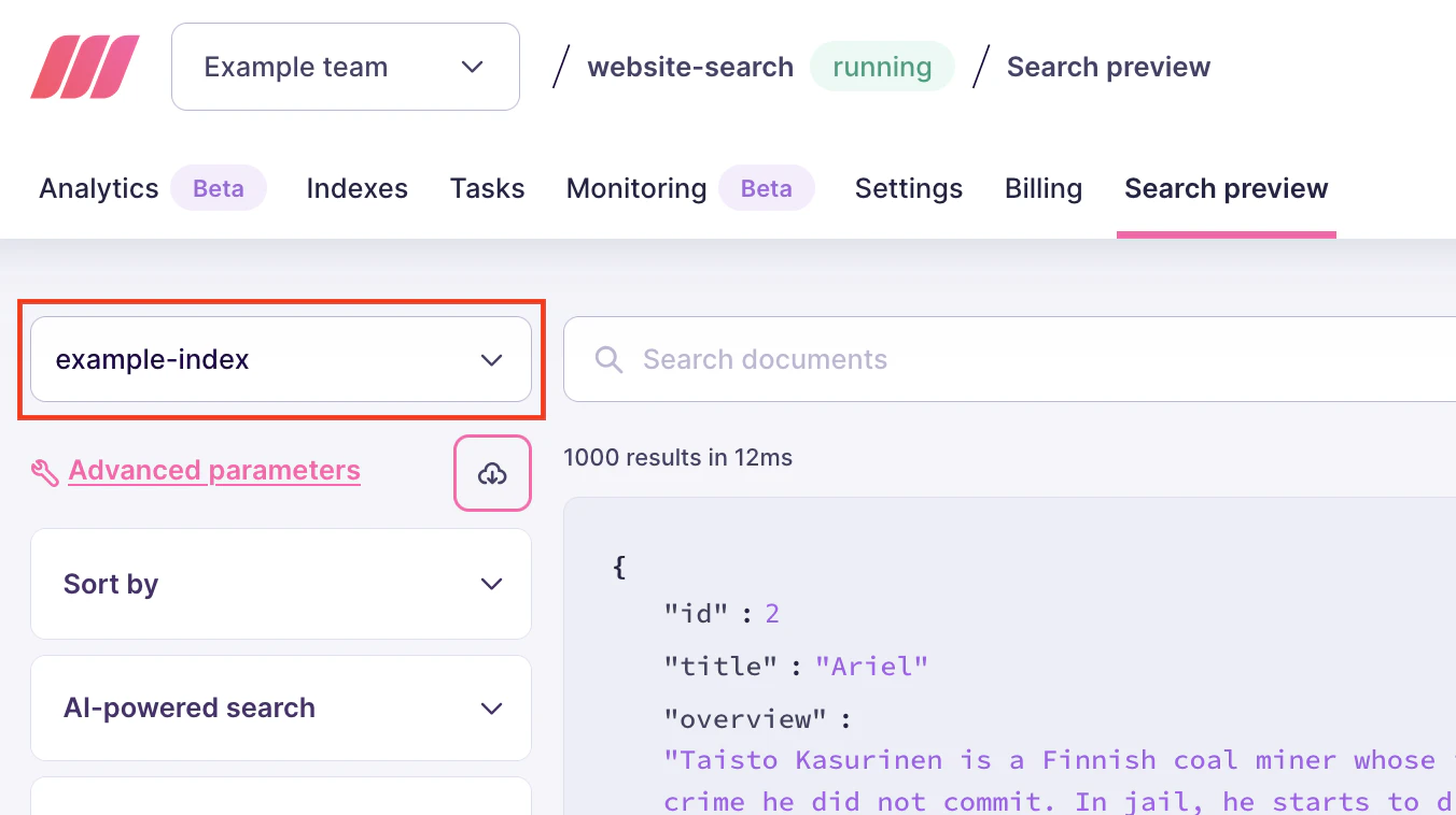 Meilisearch Cloud's search preview interface, with the index selecting input highlighted