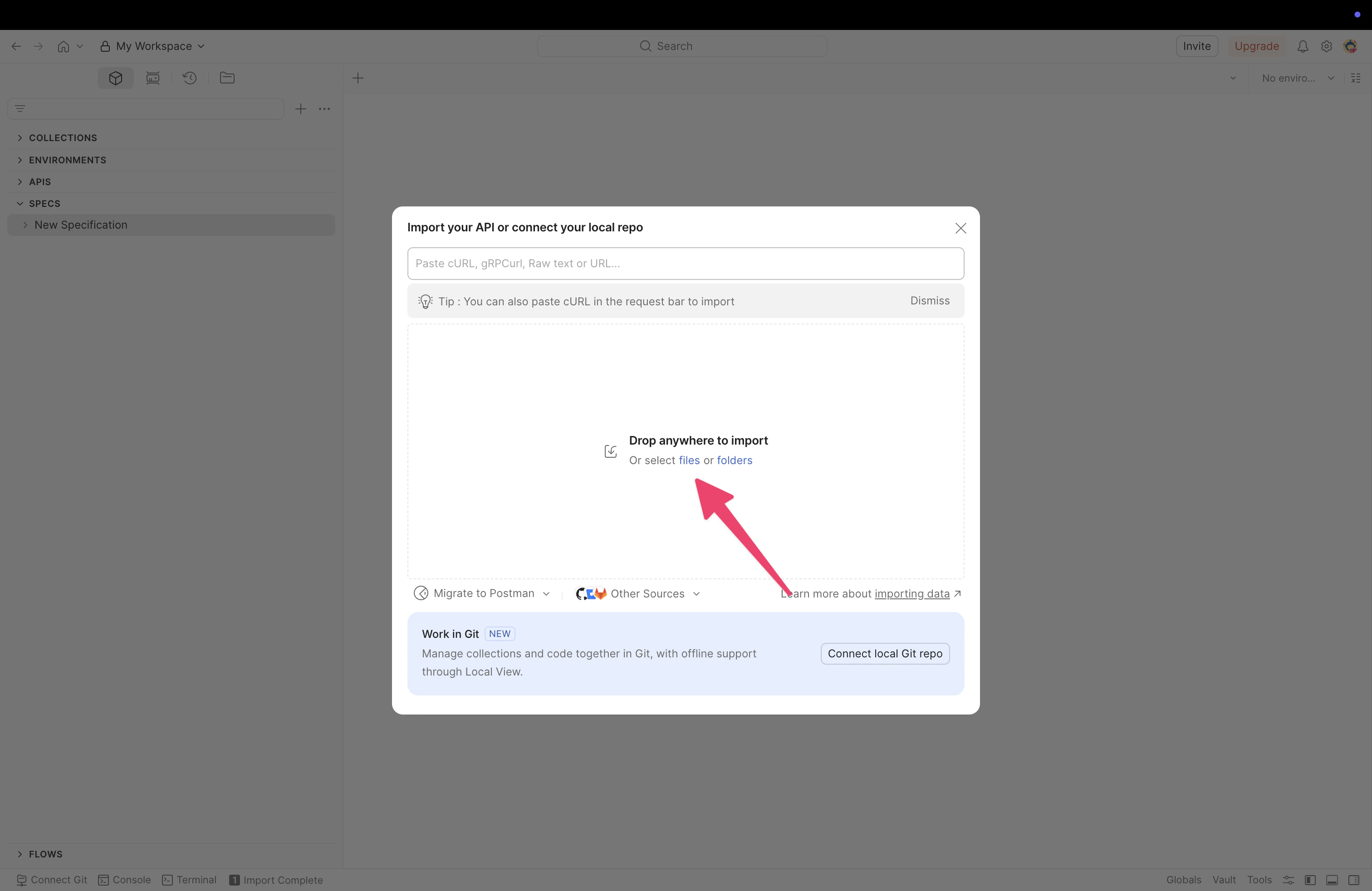 The import specification dialog with 'Postman Collection' selected