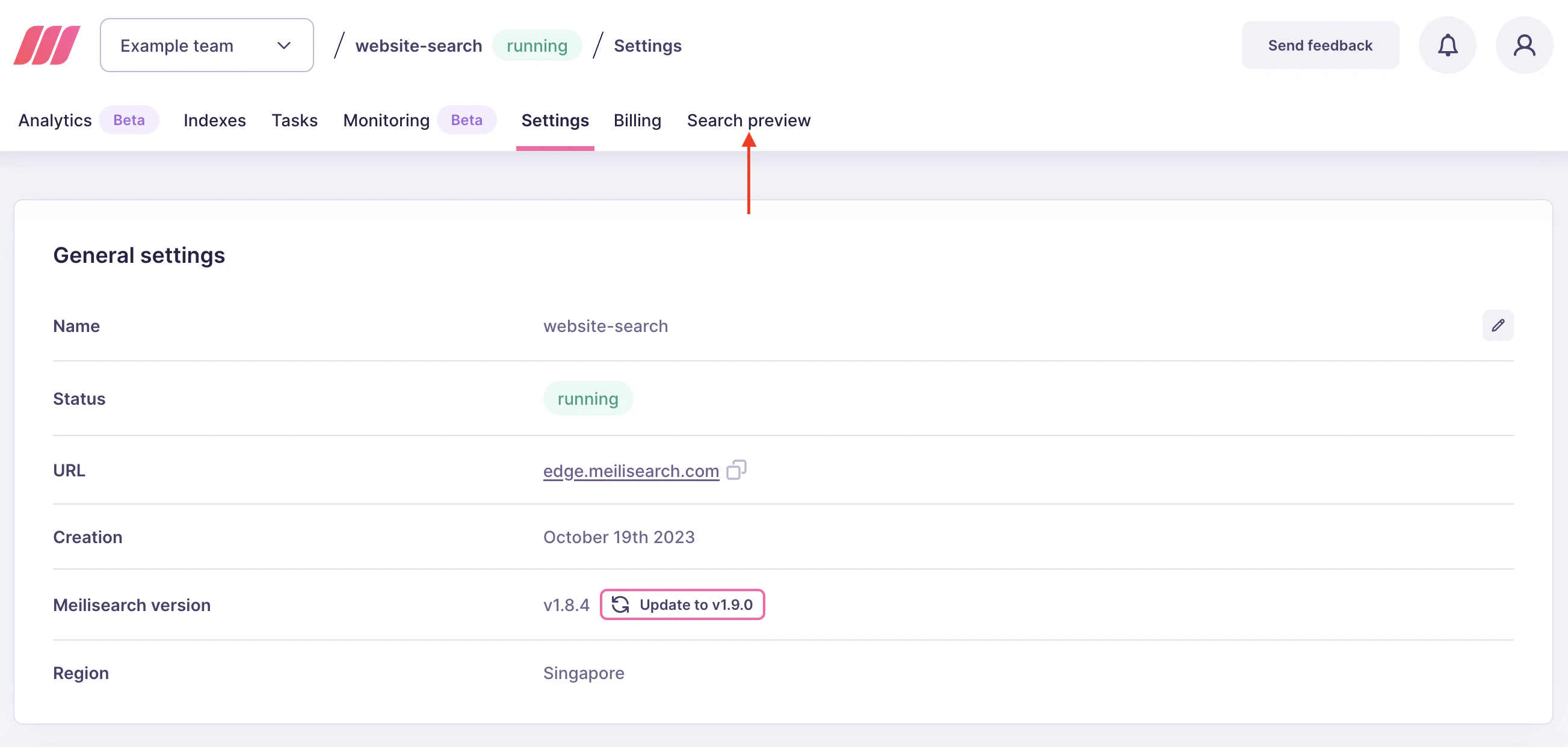 The project overview page. A red arrow points at a menu item named 'Search preview'