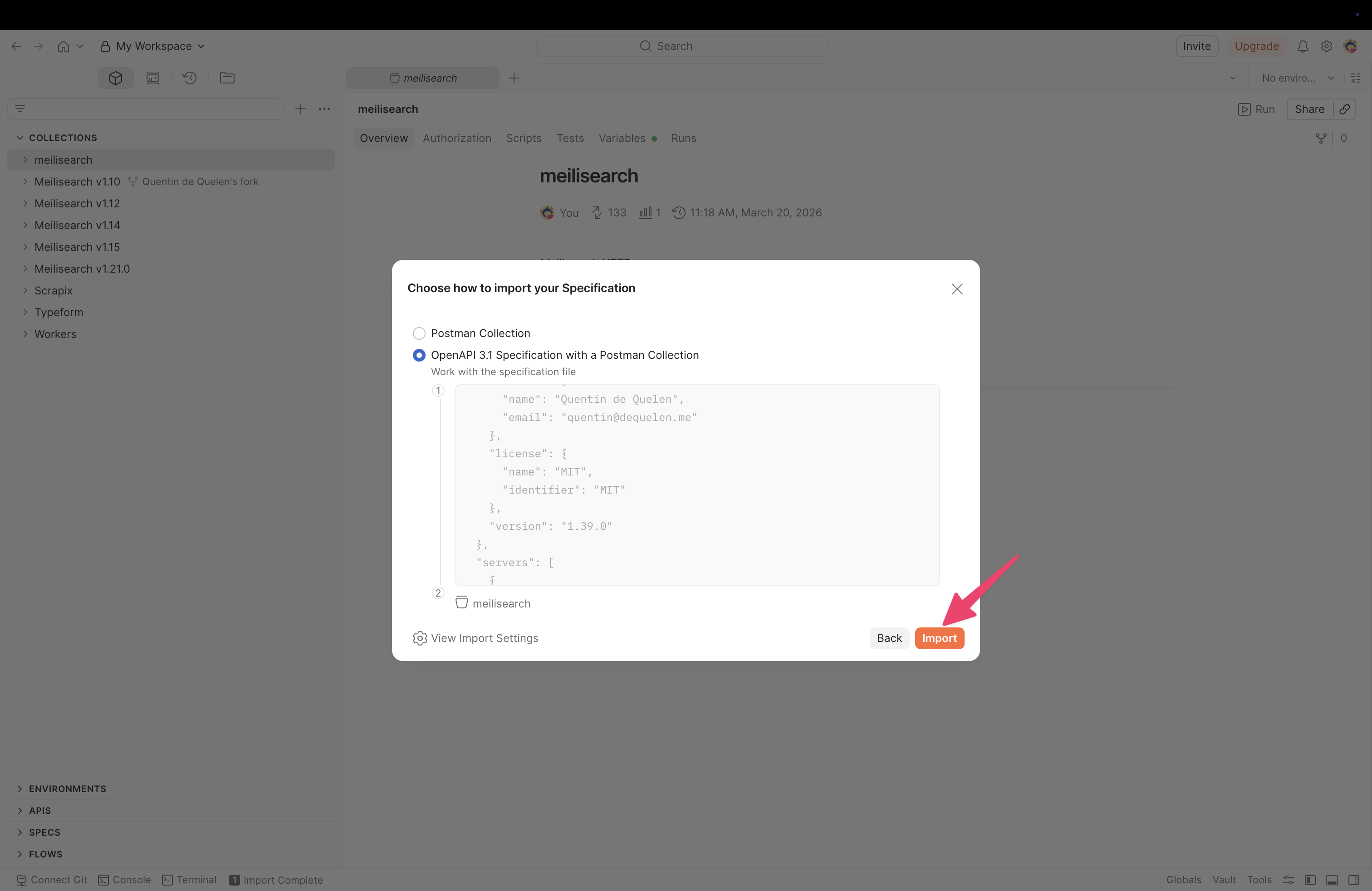 The import specification dialog with 'OpenAPI 3.1 Specification with a Postman Collection' selected
