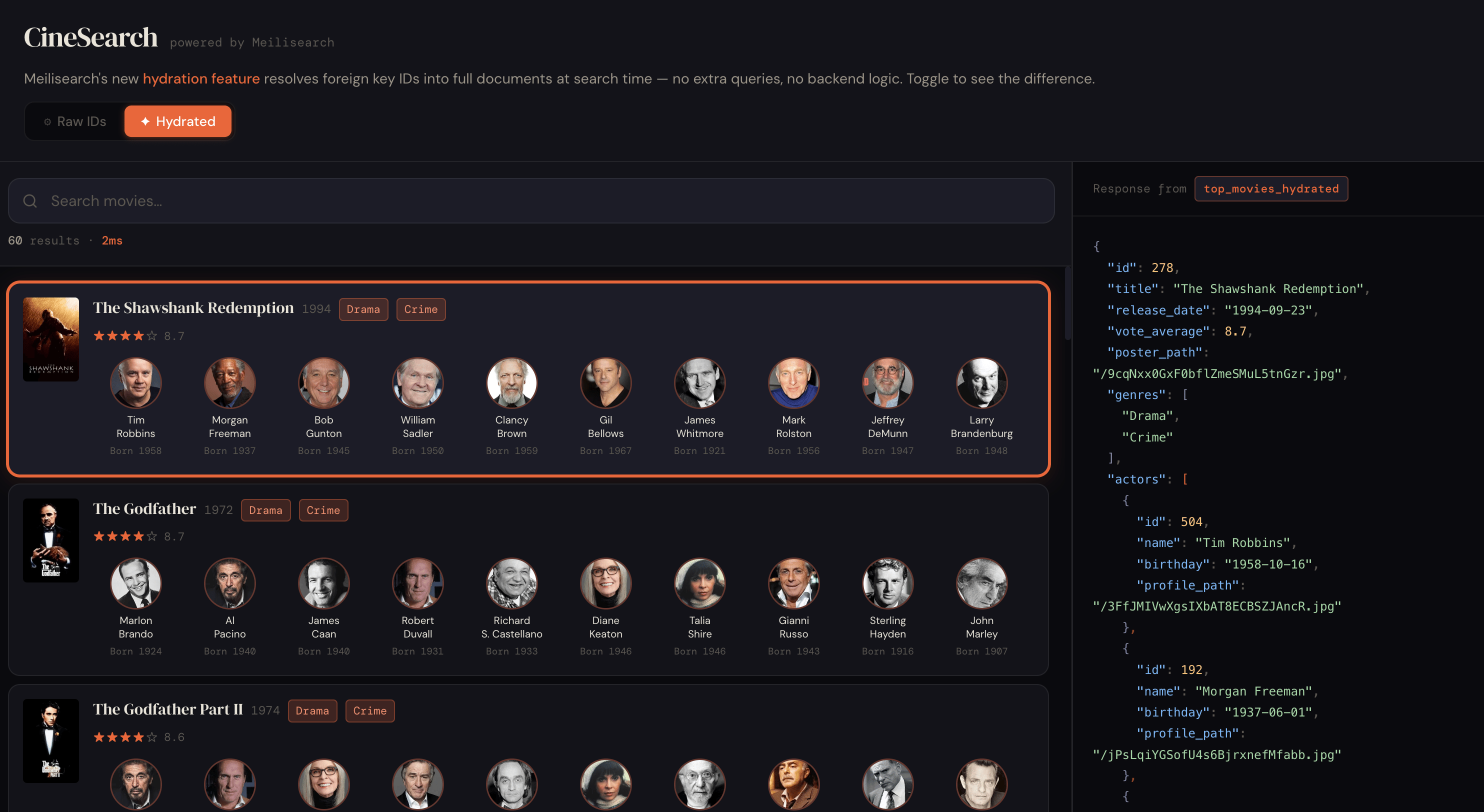 Hydration demo showing search results enriched with related data