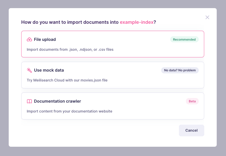 Another modal window with three options. A red arrow points at the chosen option, 'File upload'