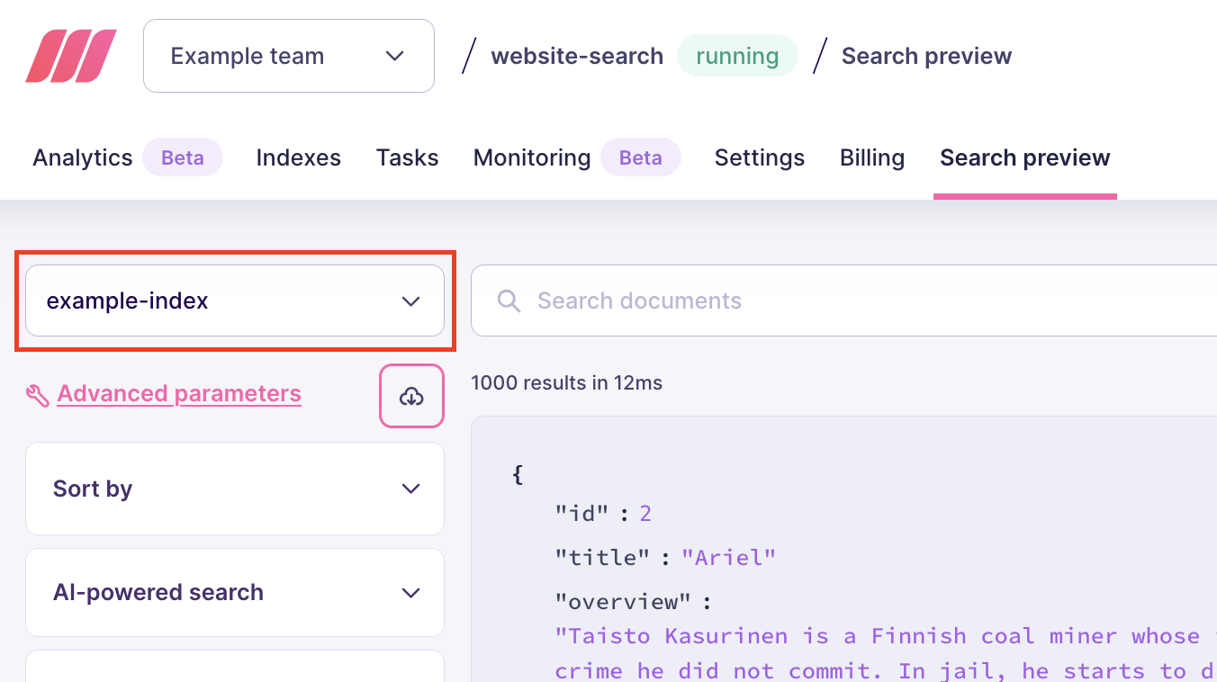 Meilisearch Cloud's search preview interface, with the index selecting input highlighted