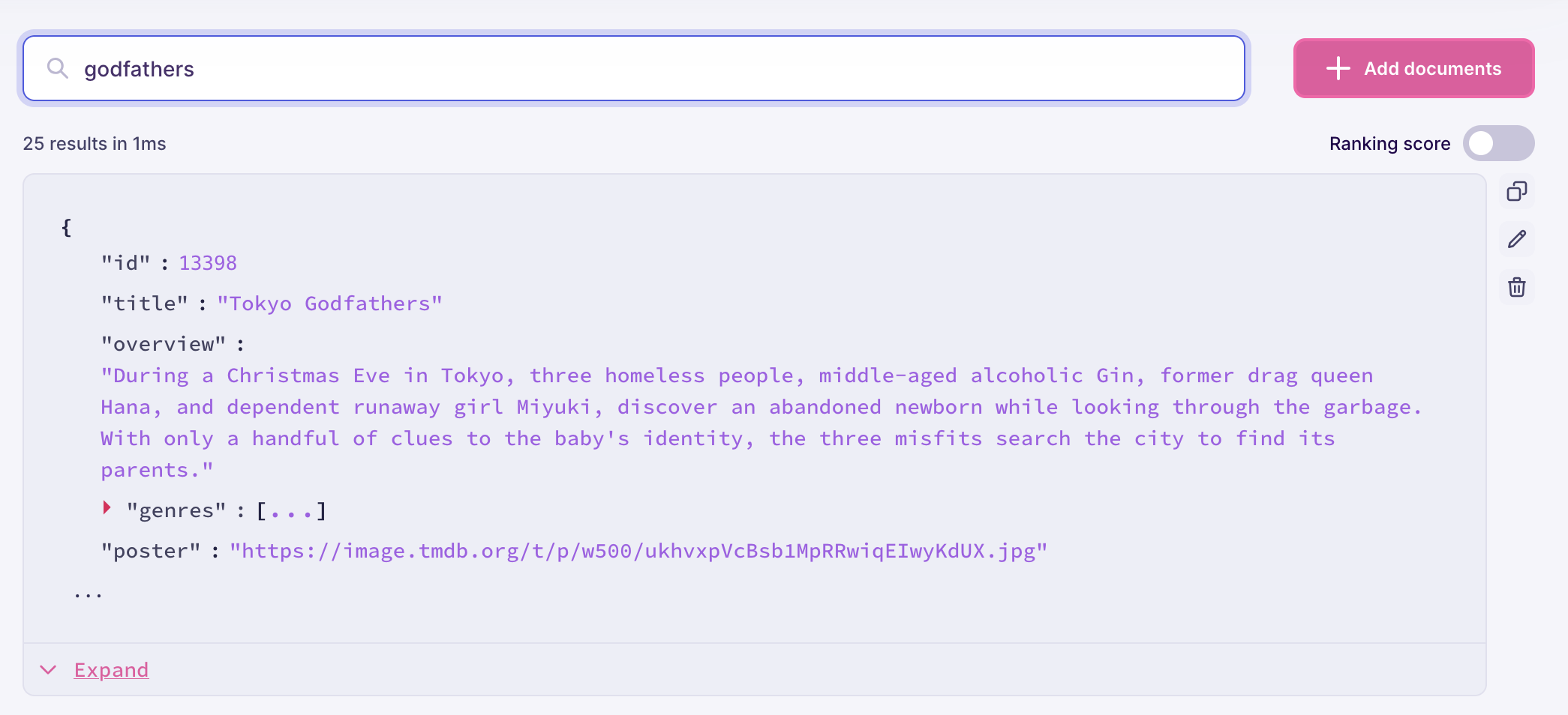 Meilisearch Cloud's search preview interface, with the search input selected and containing a search string