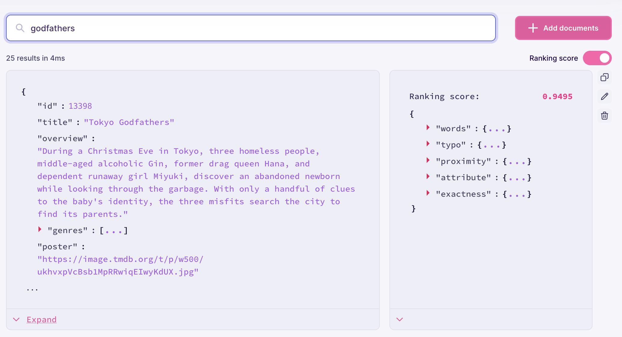 The same search preview interface as in the previous image, but with the 'Ranking score' option turned on. Search results are the same, but include the document's ranking score