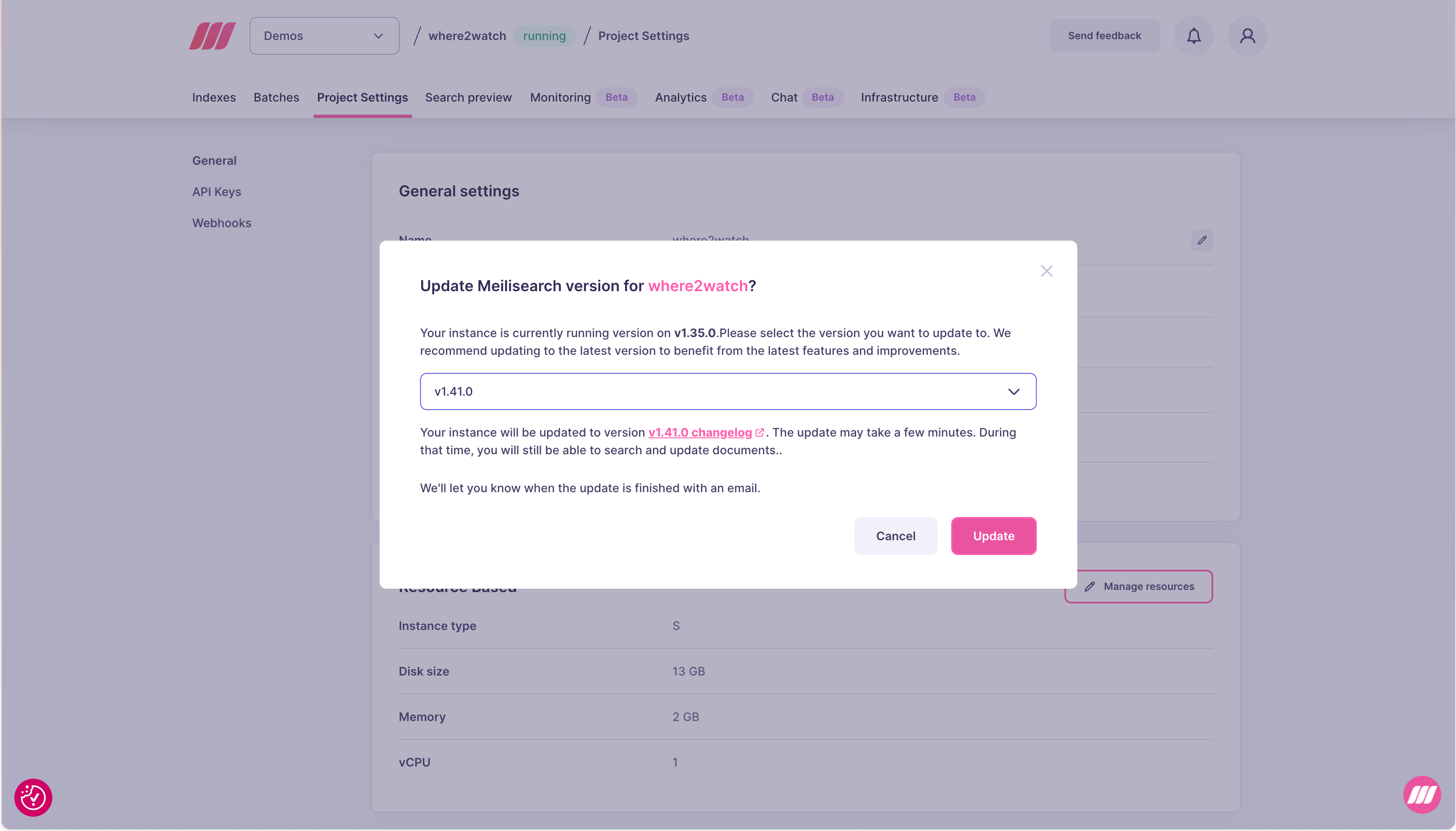 Update Meilisearch version modal showing version selector, changelog link, and Update button