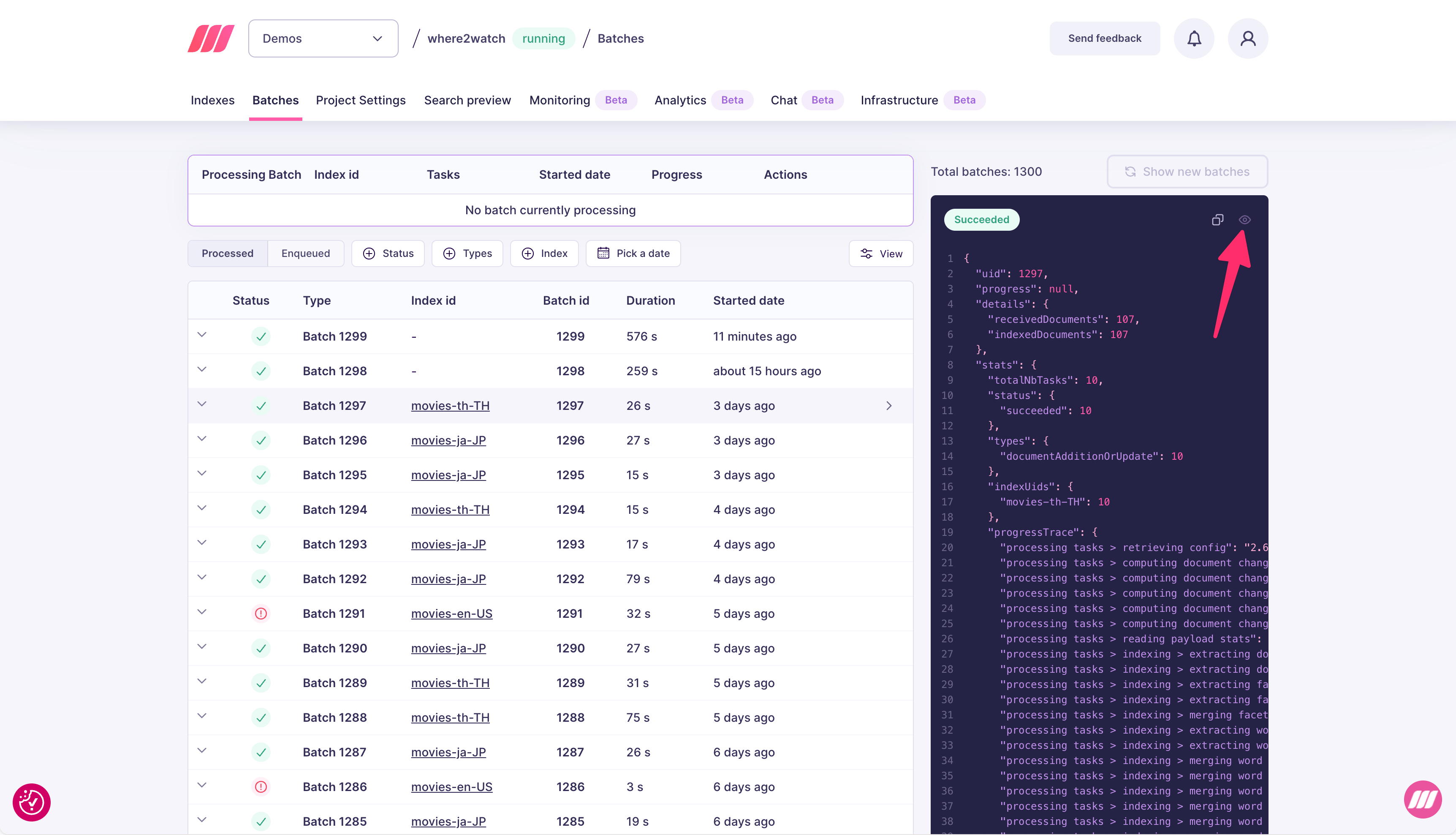 Batches tab showing a list of processed batches with their status, index, batch ID, duration, and start time