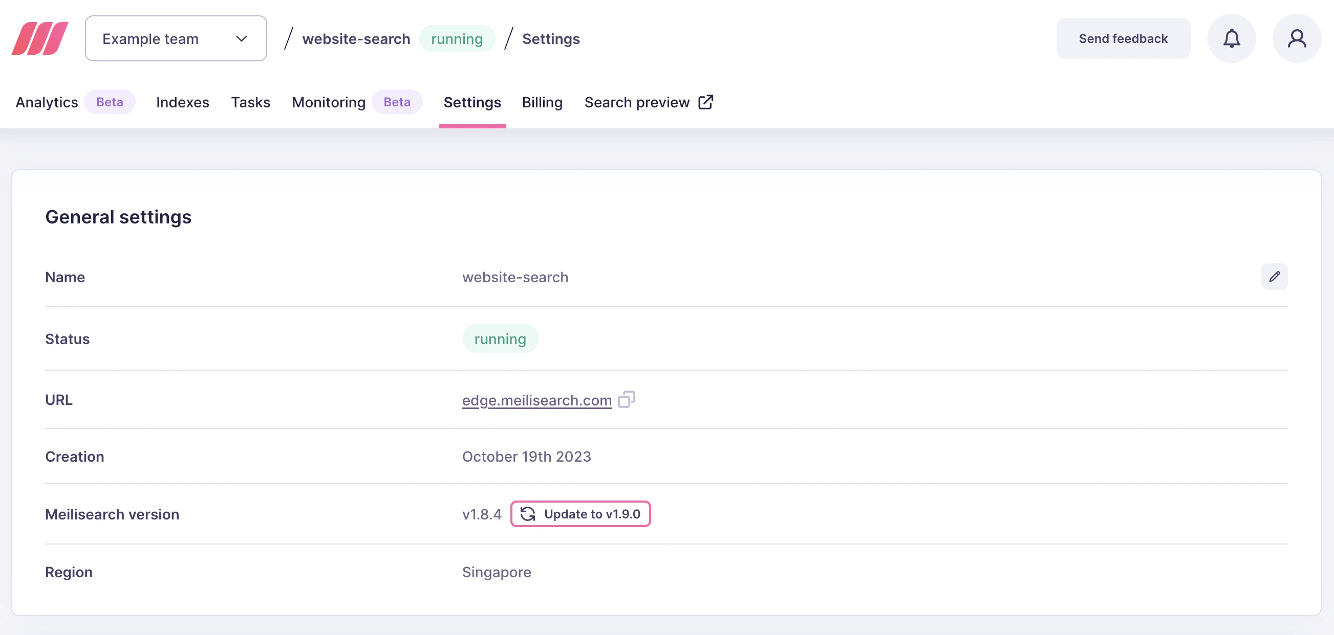 The project overview page, featuring a secondary menu with several links. A red arrow points at a menu item: 'Indexes'