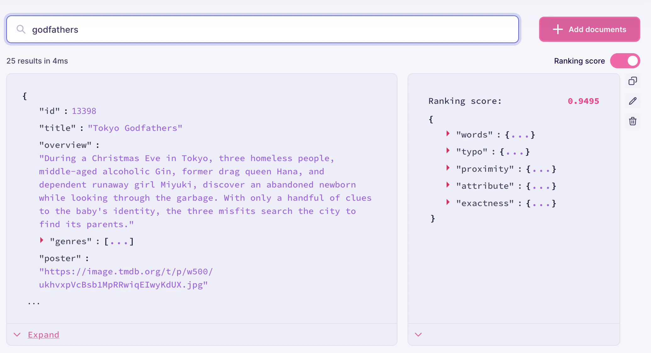 The same search preview interface as in the previous image, but with the 'Ranking score' option turned on. Search results are the same, but include the document's ranking score