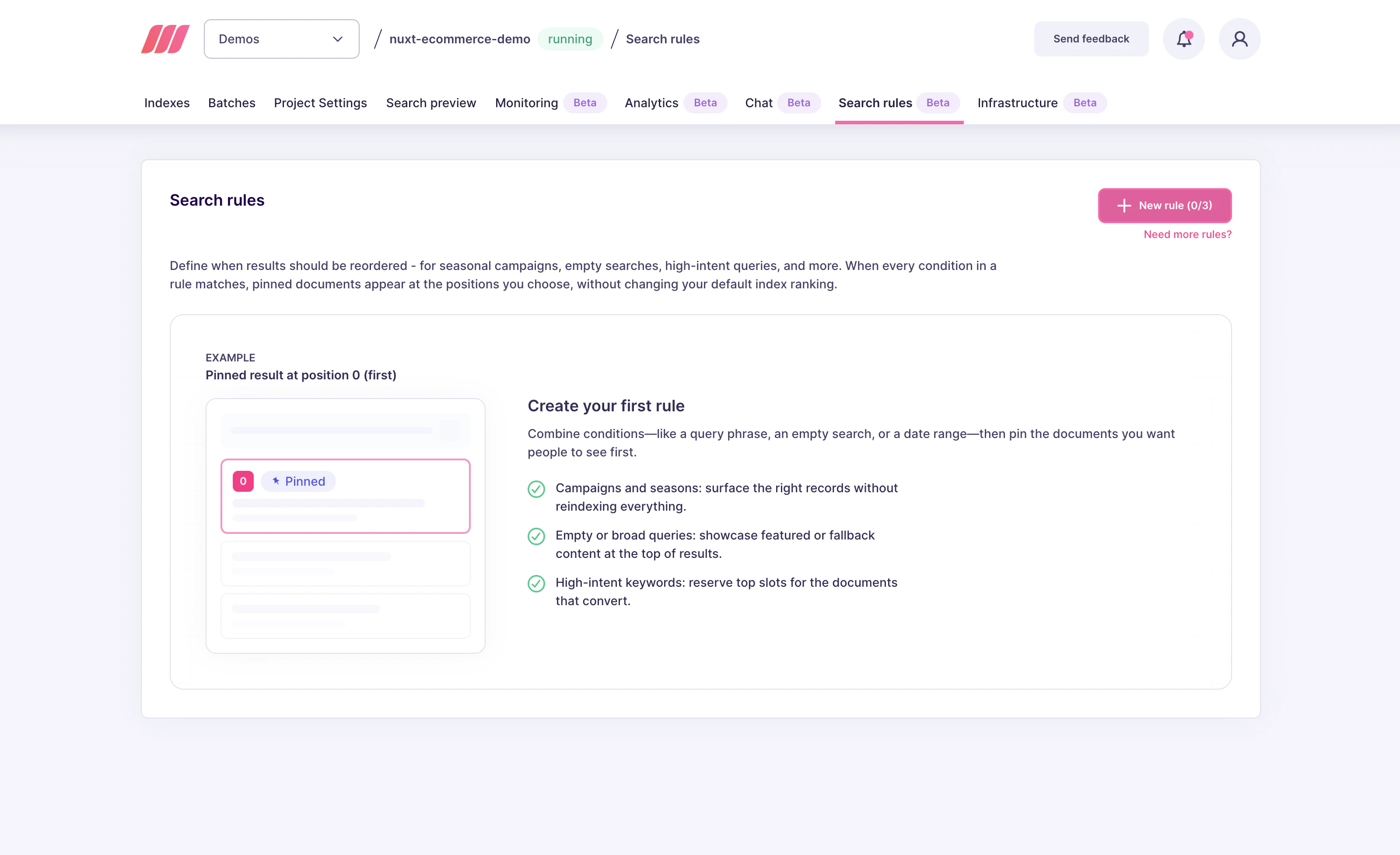 Search rules landing page with a "New rule" button in the top-right corner