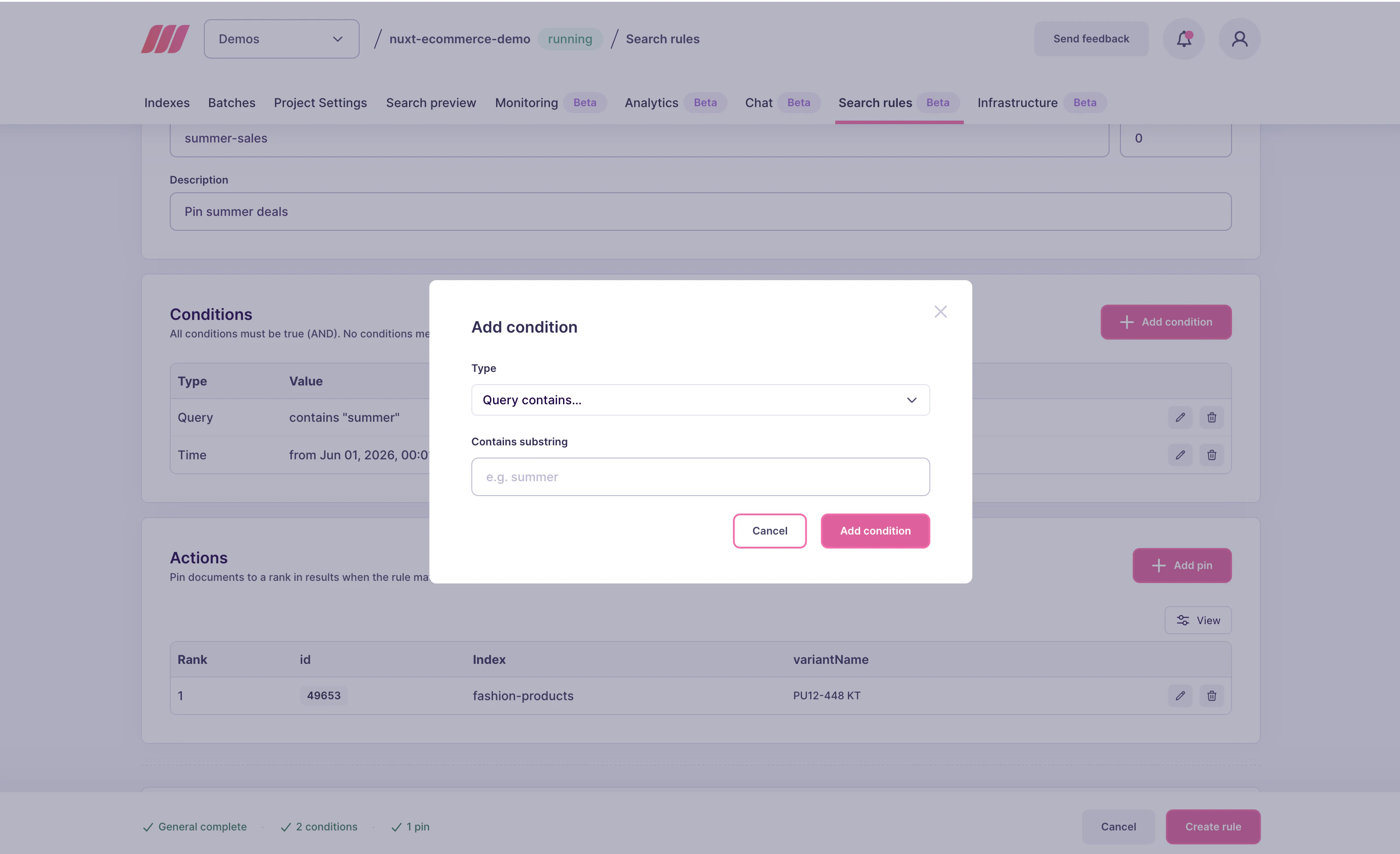 Add condition dialog with a "Query contains" type and a "Contains substring" input