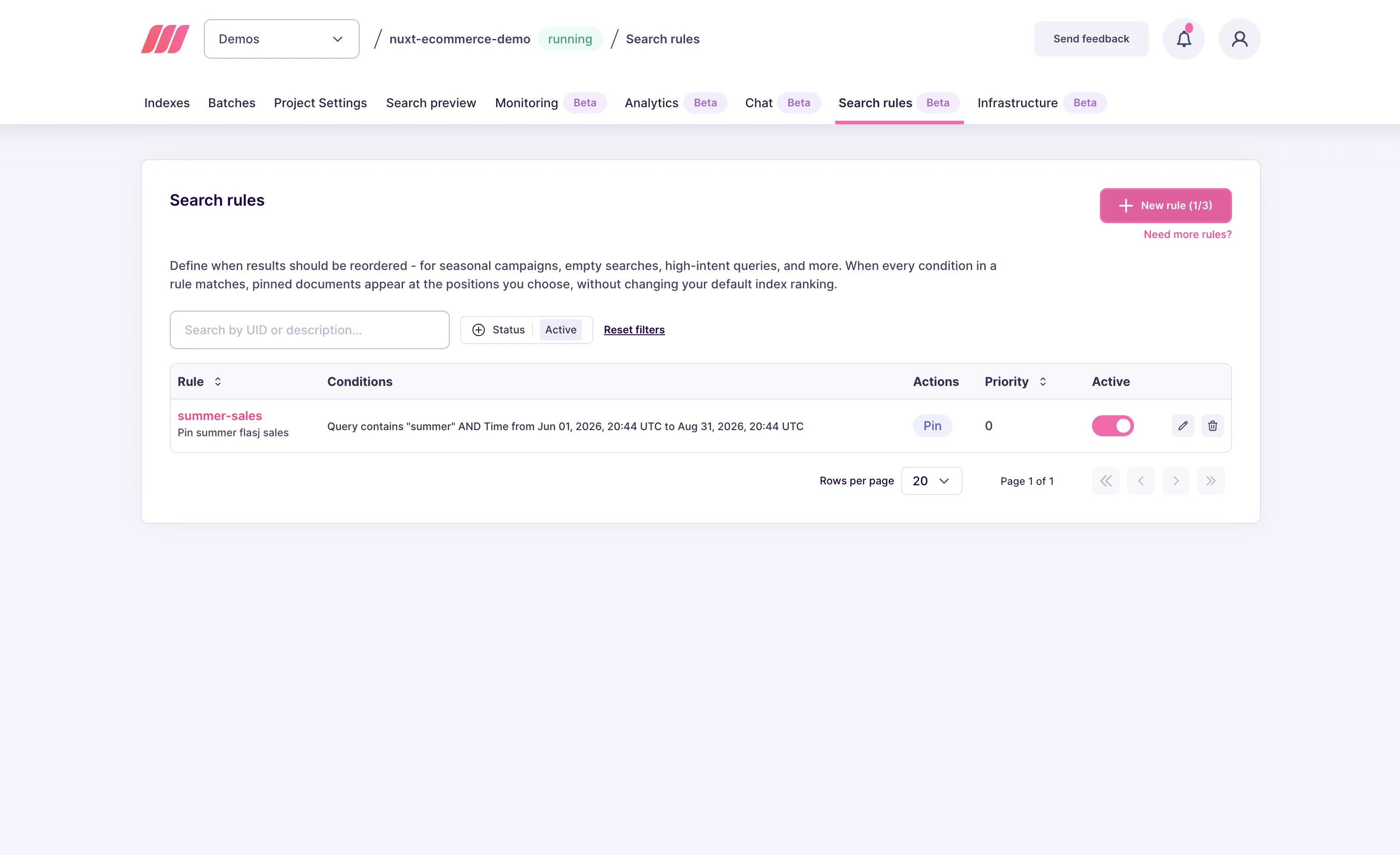 Search rules list with one "summer-sales" rule showing its conditions, pin action, priority, and active toggle