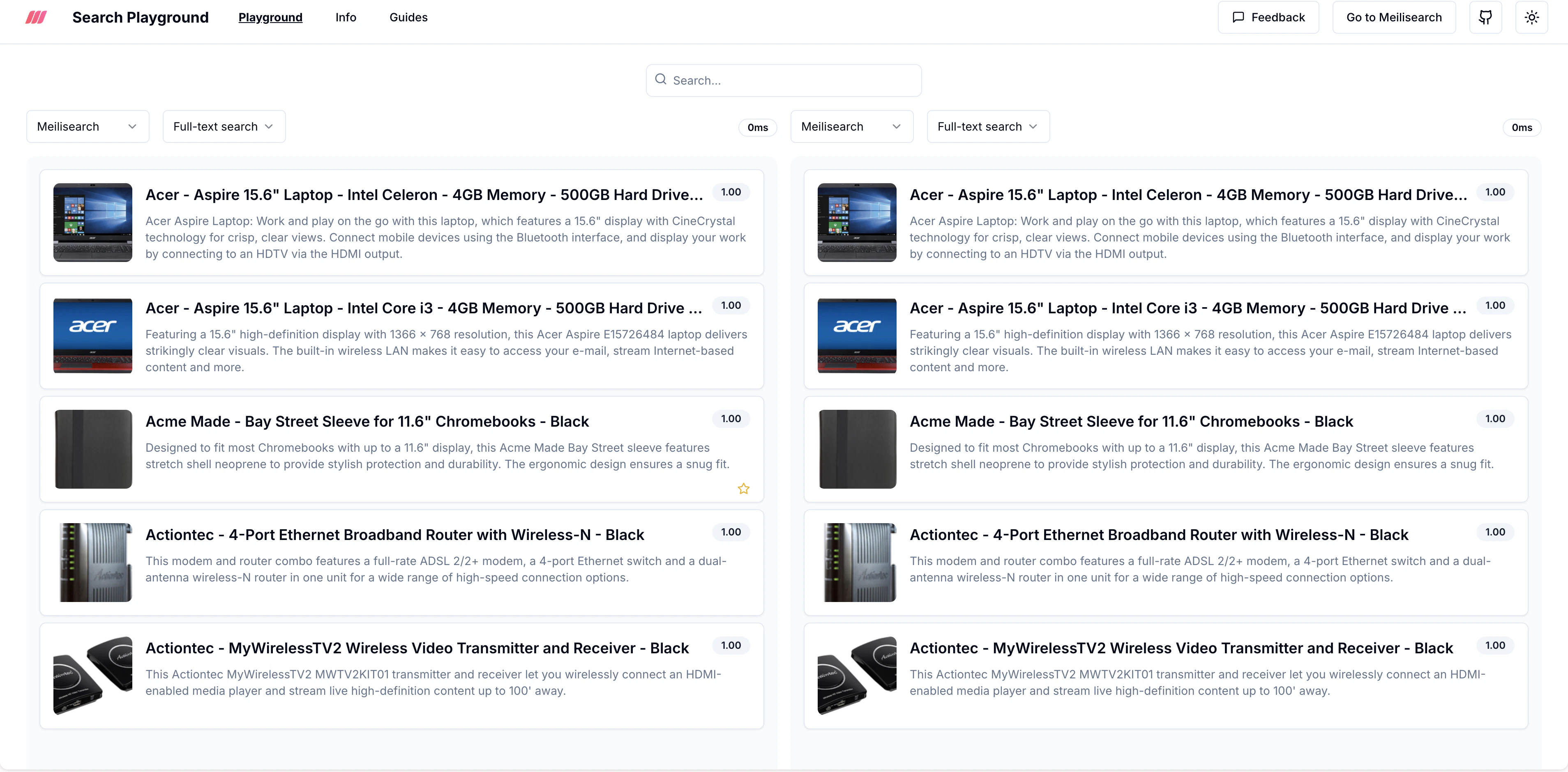 Search Playground demo with side-by-side comparison