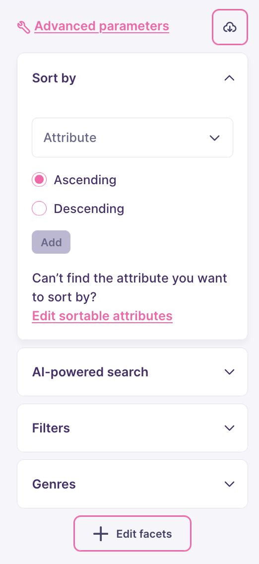 The sidebar of the search preview interface, with a handful of options, including 'Sort by', 'AI-powered search', 'Filters', and 'Genres'