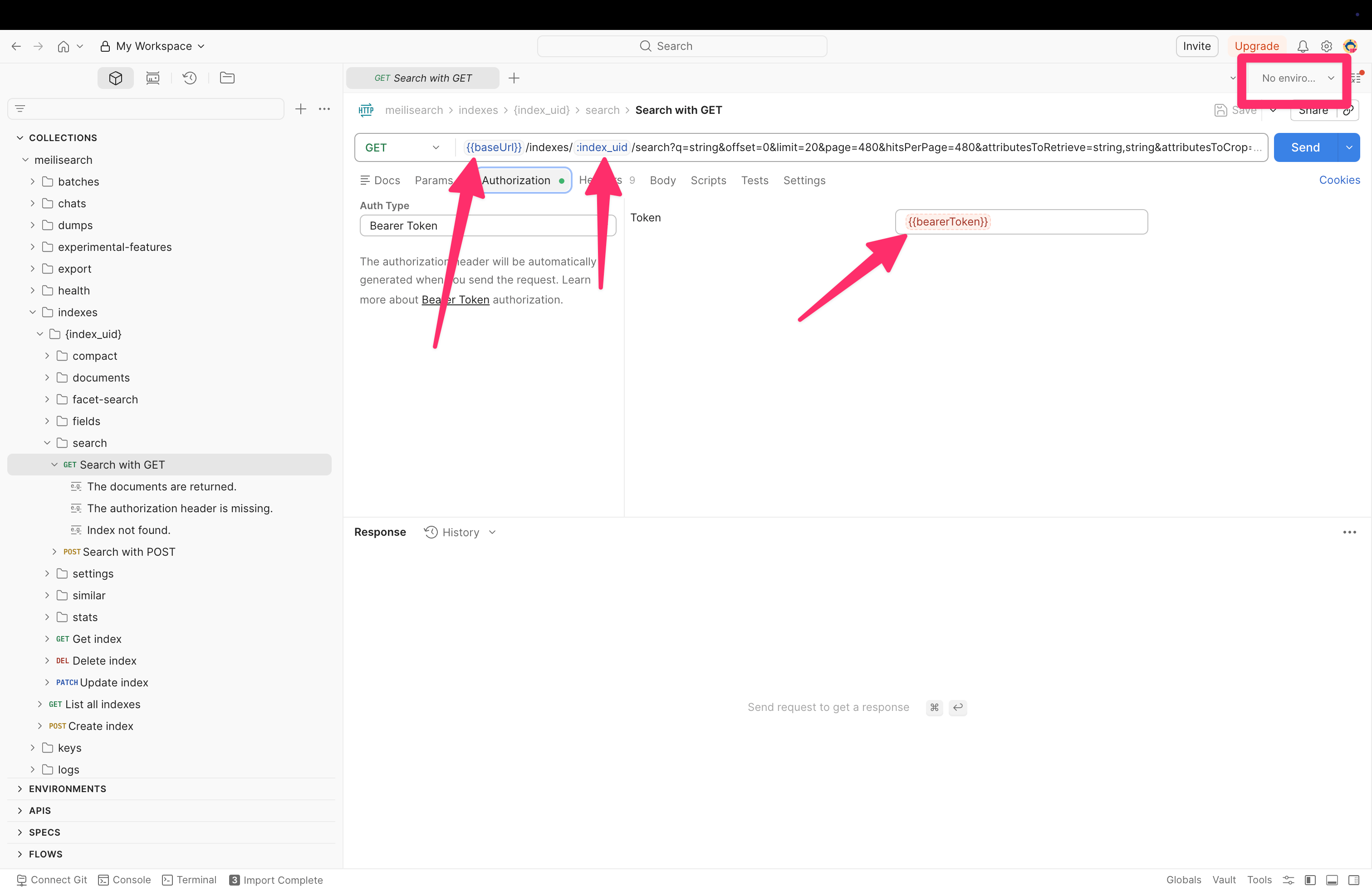 The Postman collection showing all Meilisearch API routes with the Authorization tab open and Bearer Token configured