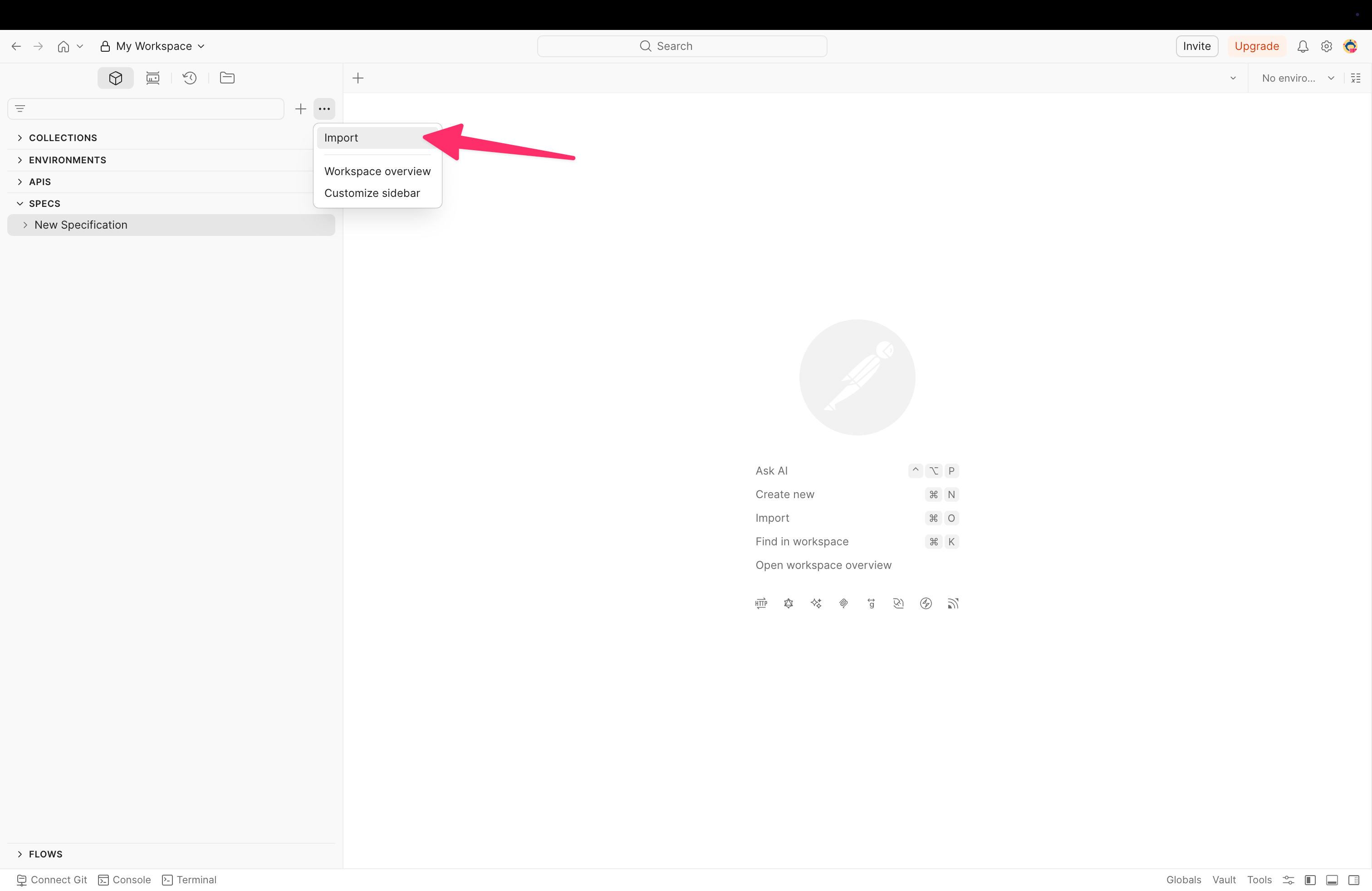 The three-dot menu in the Postman sidebar with the 'Import' option highlighted