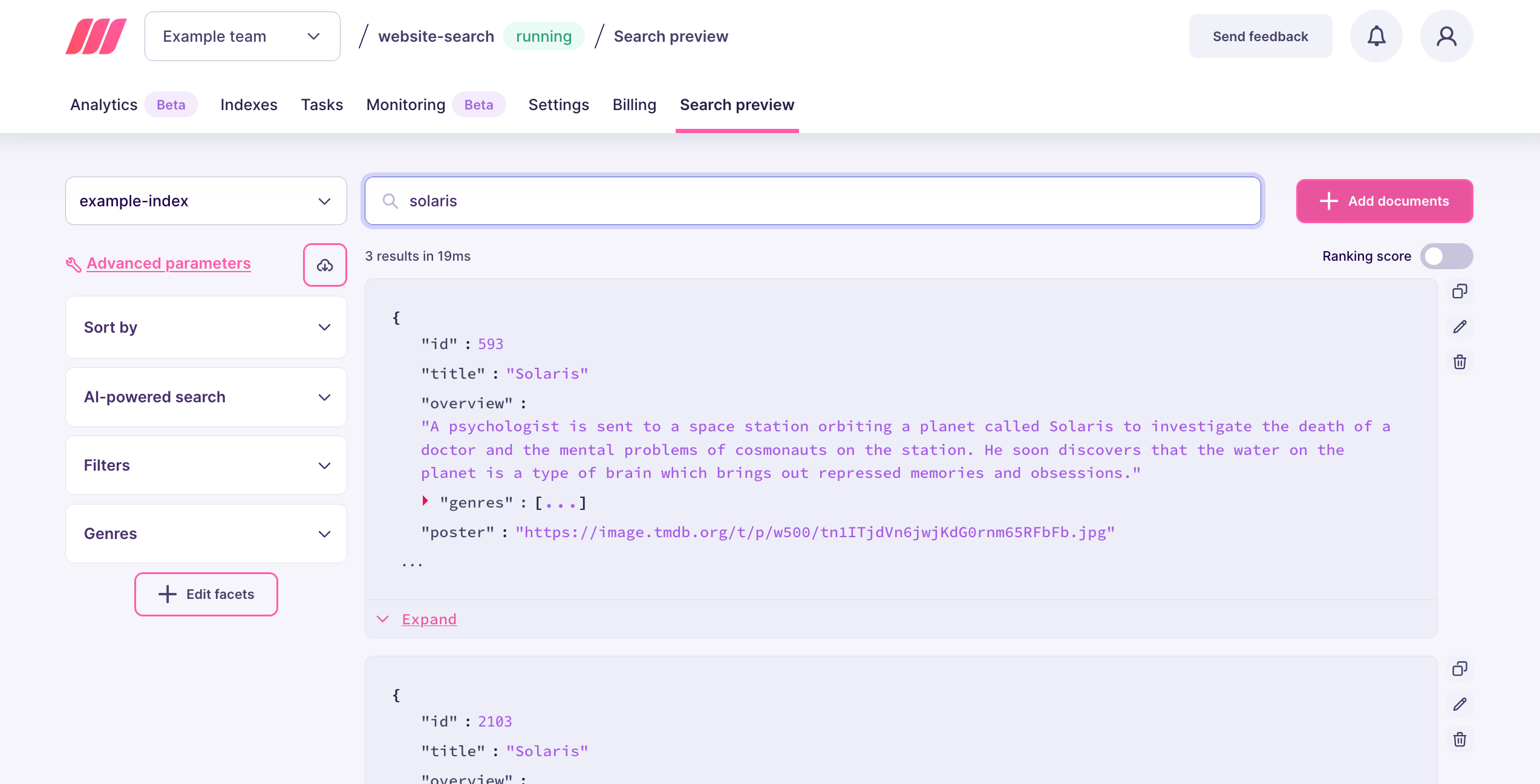 The search preview interface, with 'solaris' written in the search bar
