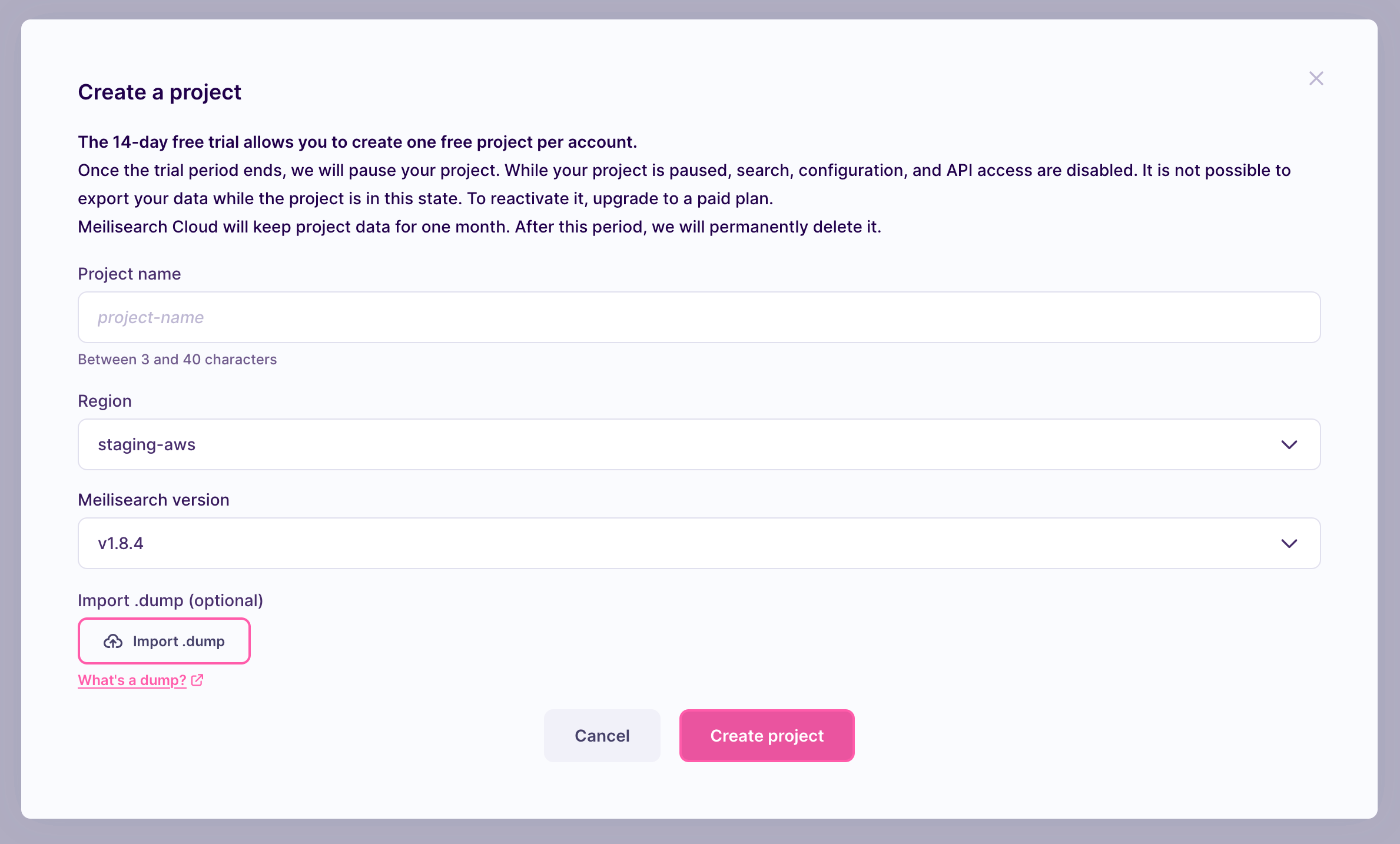 A modal window with two mandatory fields: 'Project name' and 'Select a region'