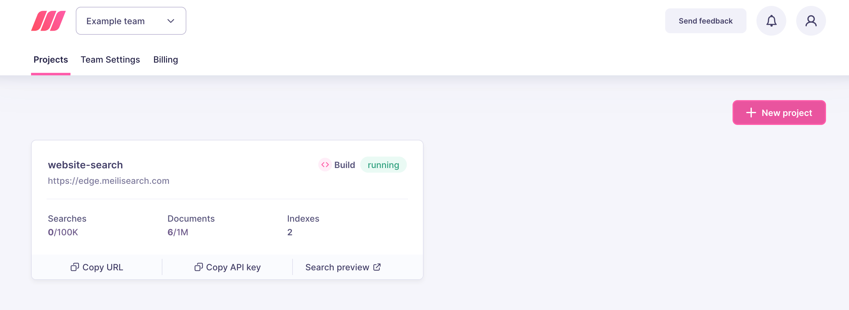 Meilisearch Cloud's main list of projects. It features only one project, 'meilisearch-quick-start', and shows information such as API keys, URL, and number of monthly searches
