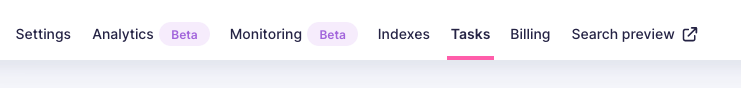 Meilisearch Cloud menu with "Tasks" highlighted