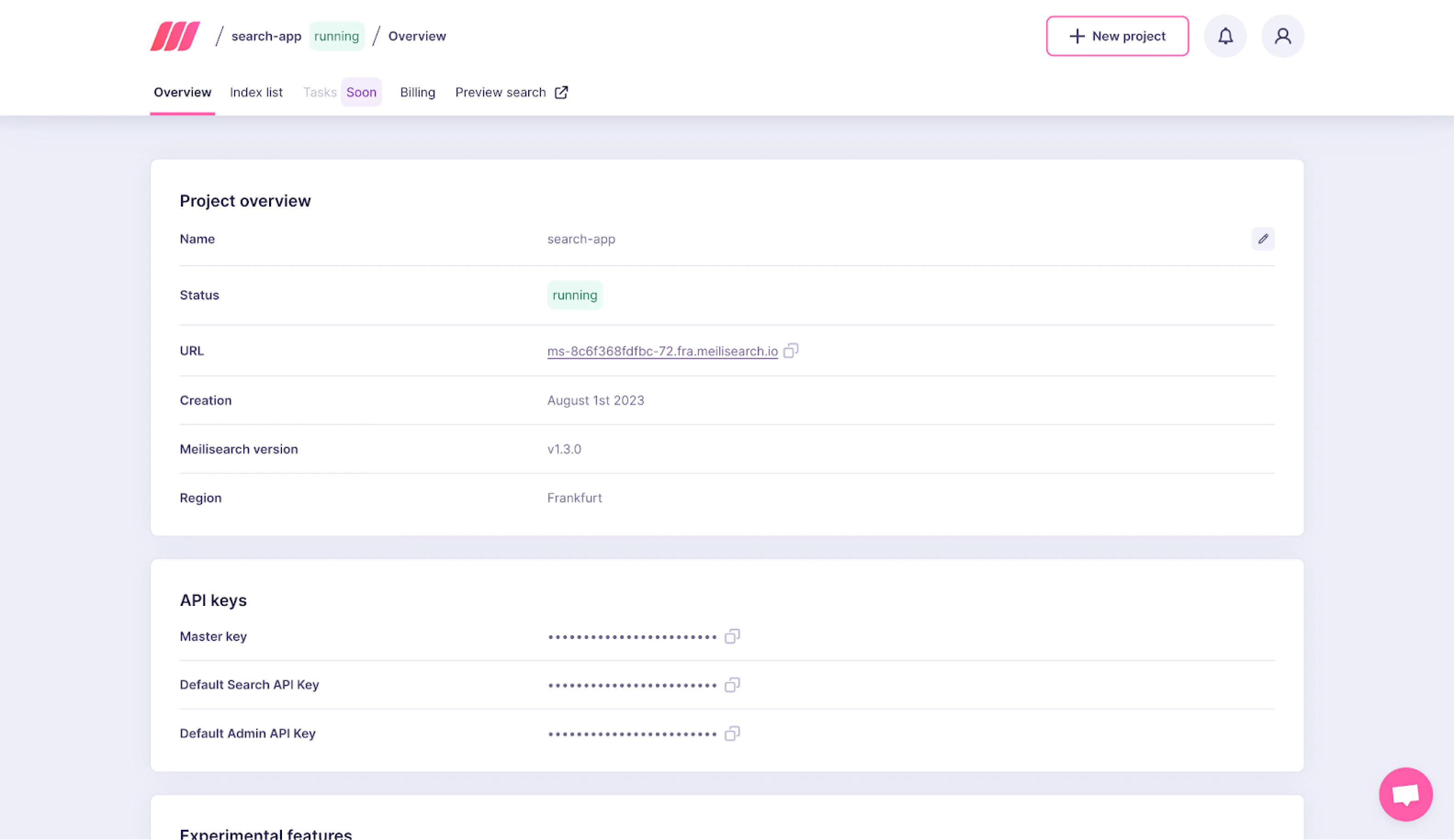 Meilisearch Cloud dashboard: overview of the 'search-app' project