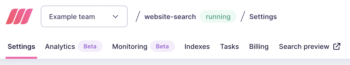 The main menu of the project view in the Meilisearch Cloud interface. Menu items include 'Indexes' among other options such as 'Settings' and 'Analytics'.