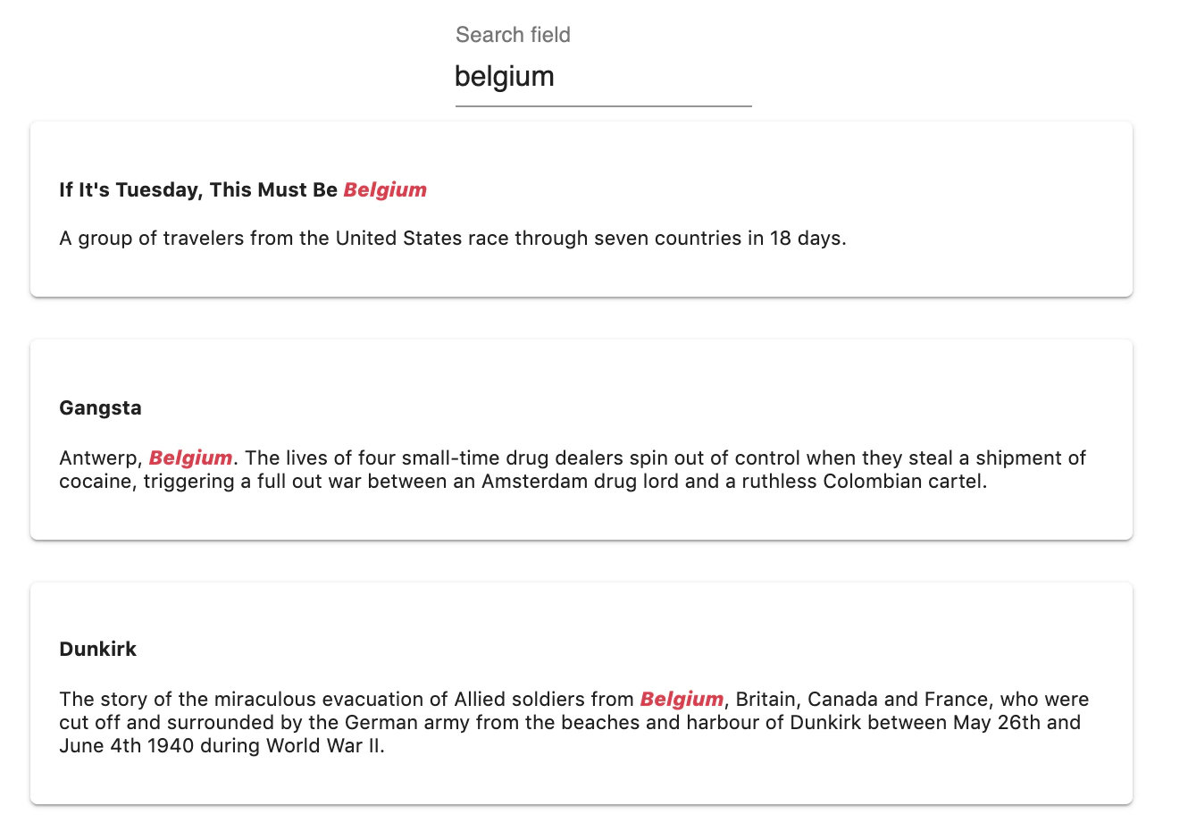 Demonstrating the attributeRank ranking rule by searching for 'belgium'