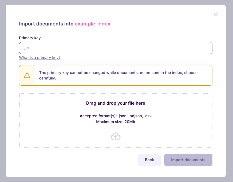 Another modal window with a large drag-and-drop area. It indicates a file named 'movies.json' will be uploaded
