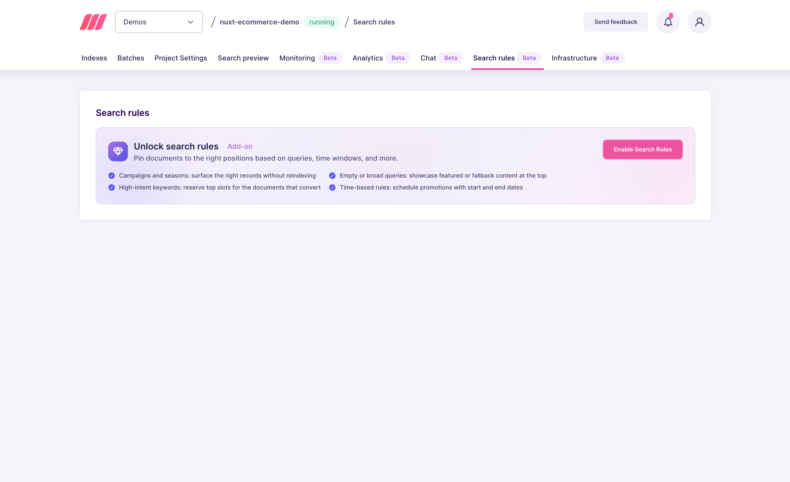 Meilisearch Cloud Search rules tab with an "Enable Search Rules" button in the add-on panel