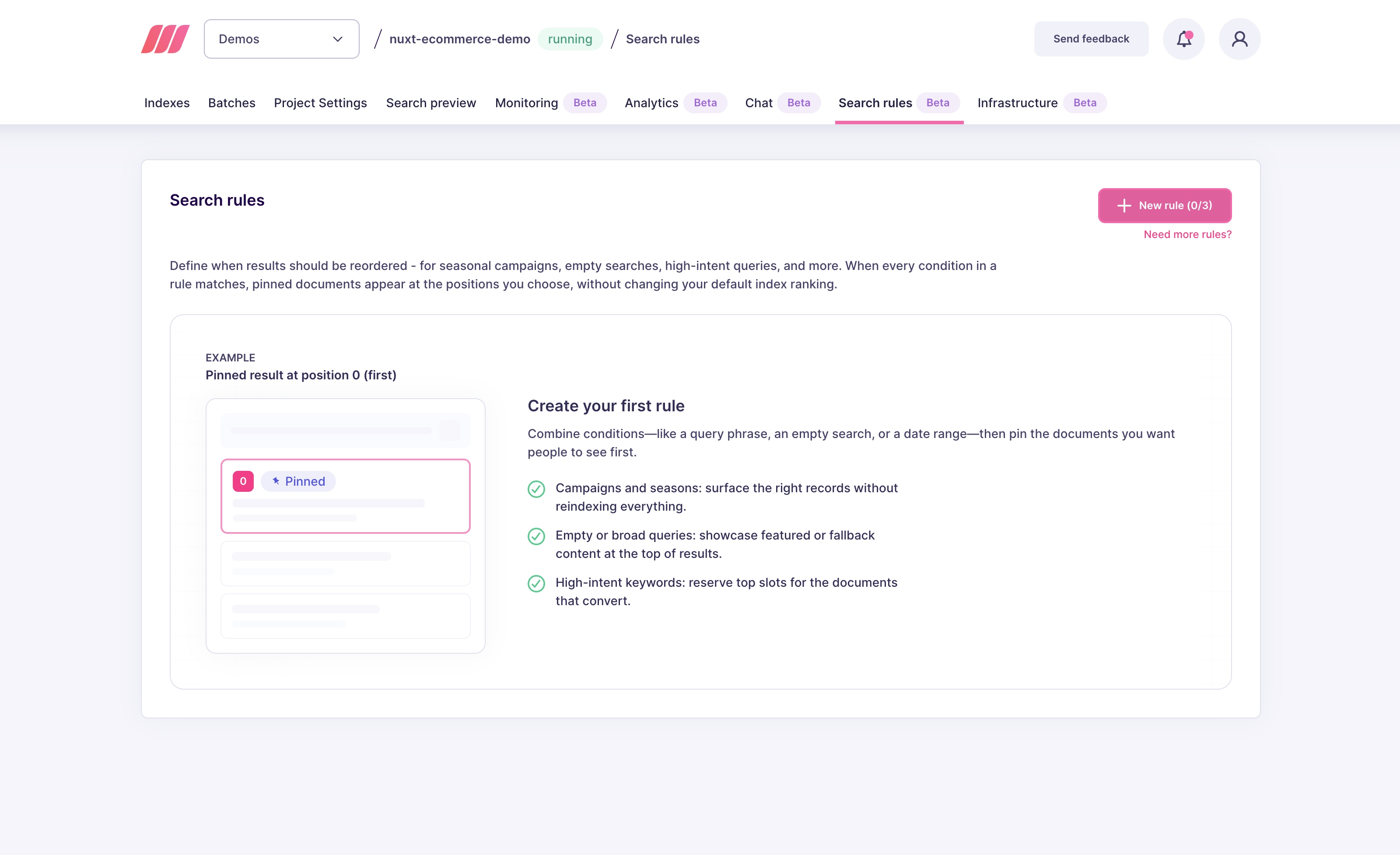 Search rules tab with the "New rule" button in the top-right corner
