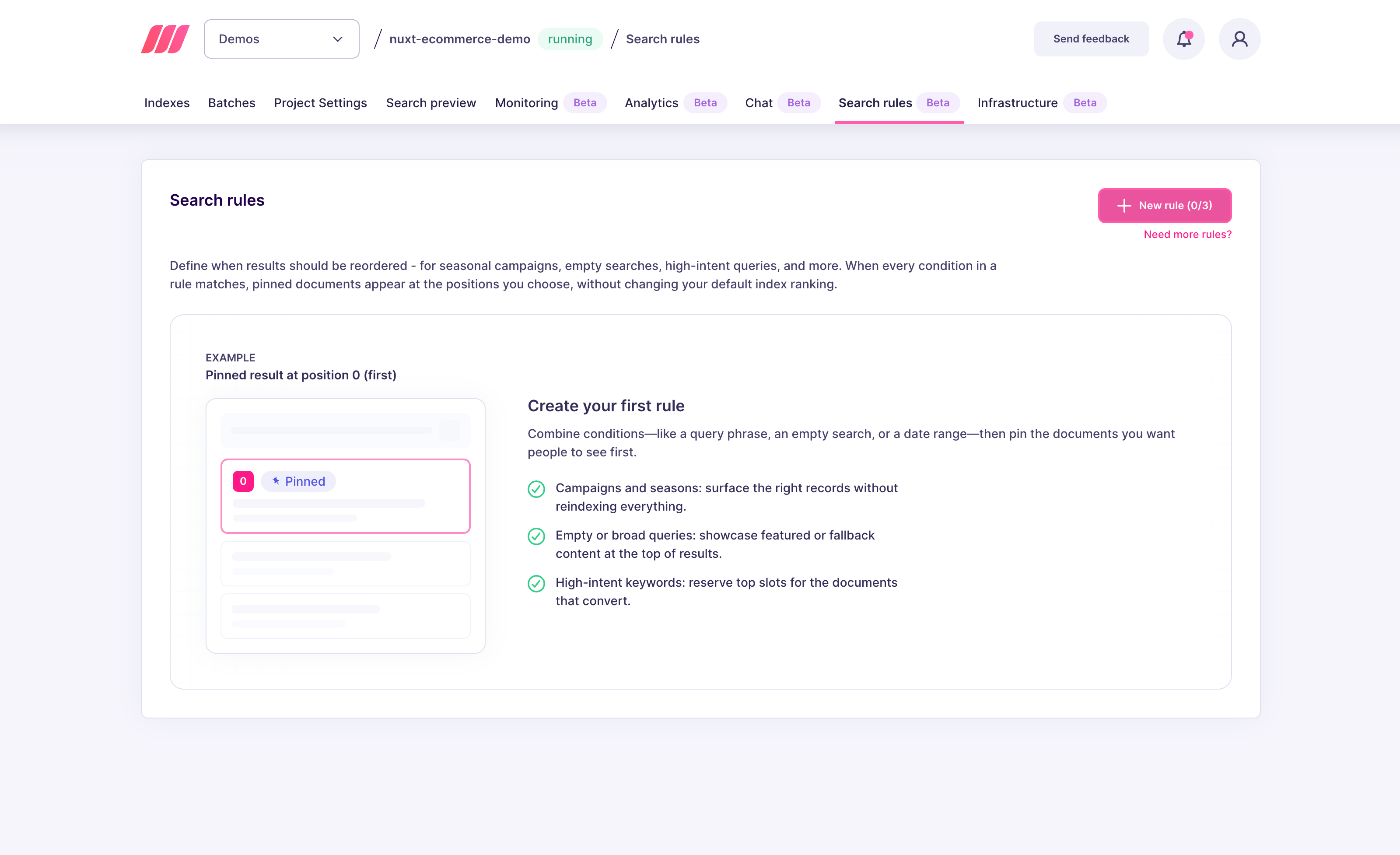 Search rules tab with the "New rule" button in the top-right corner
