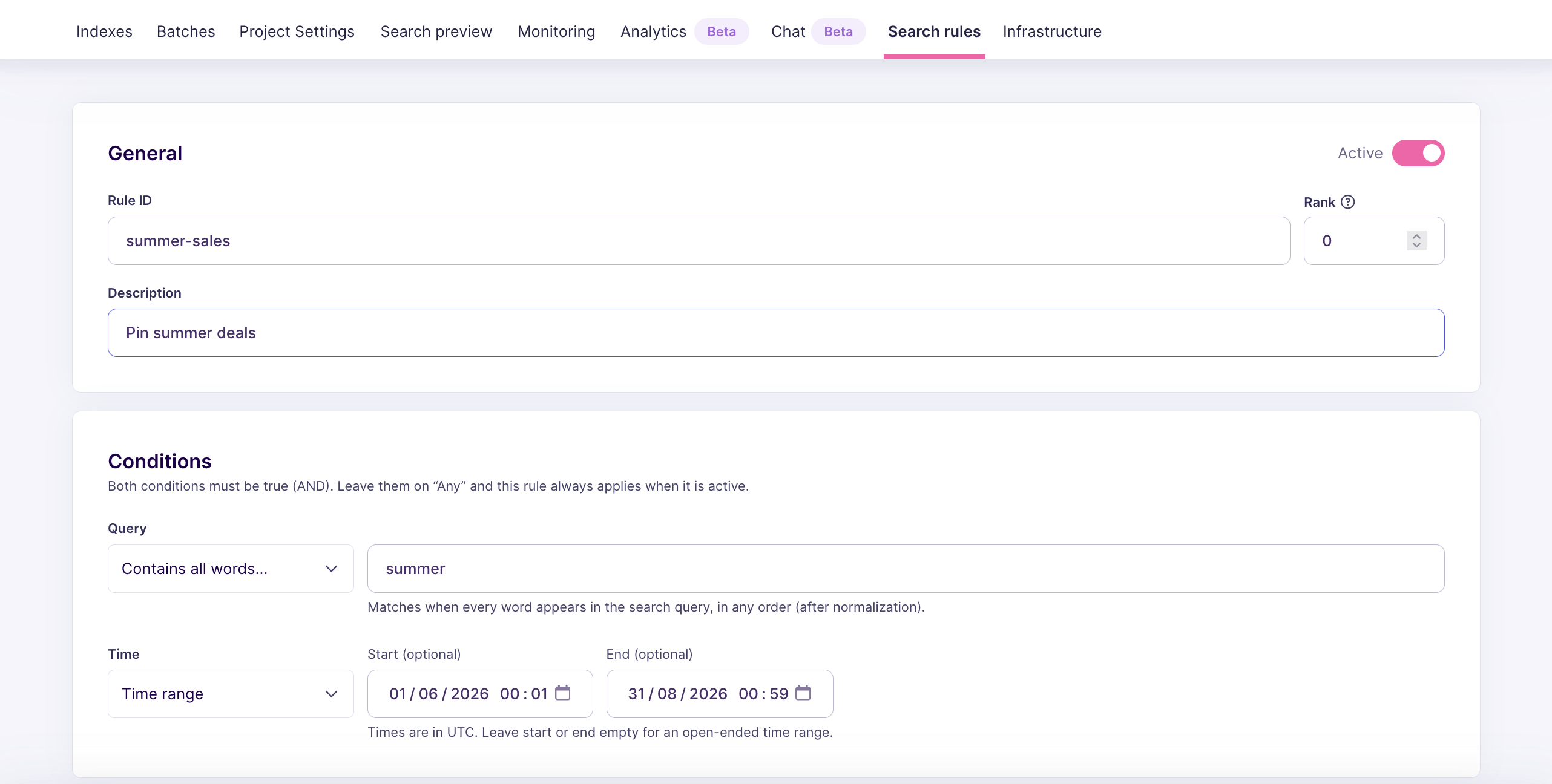 Rule editor with a Rule ID and description filled in