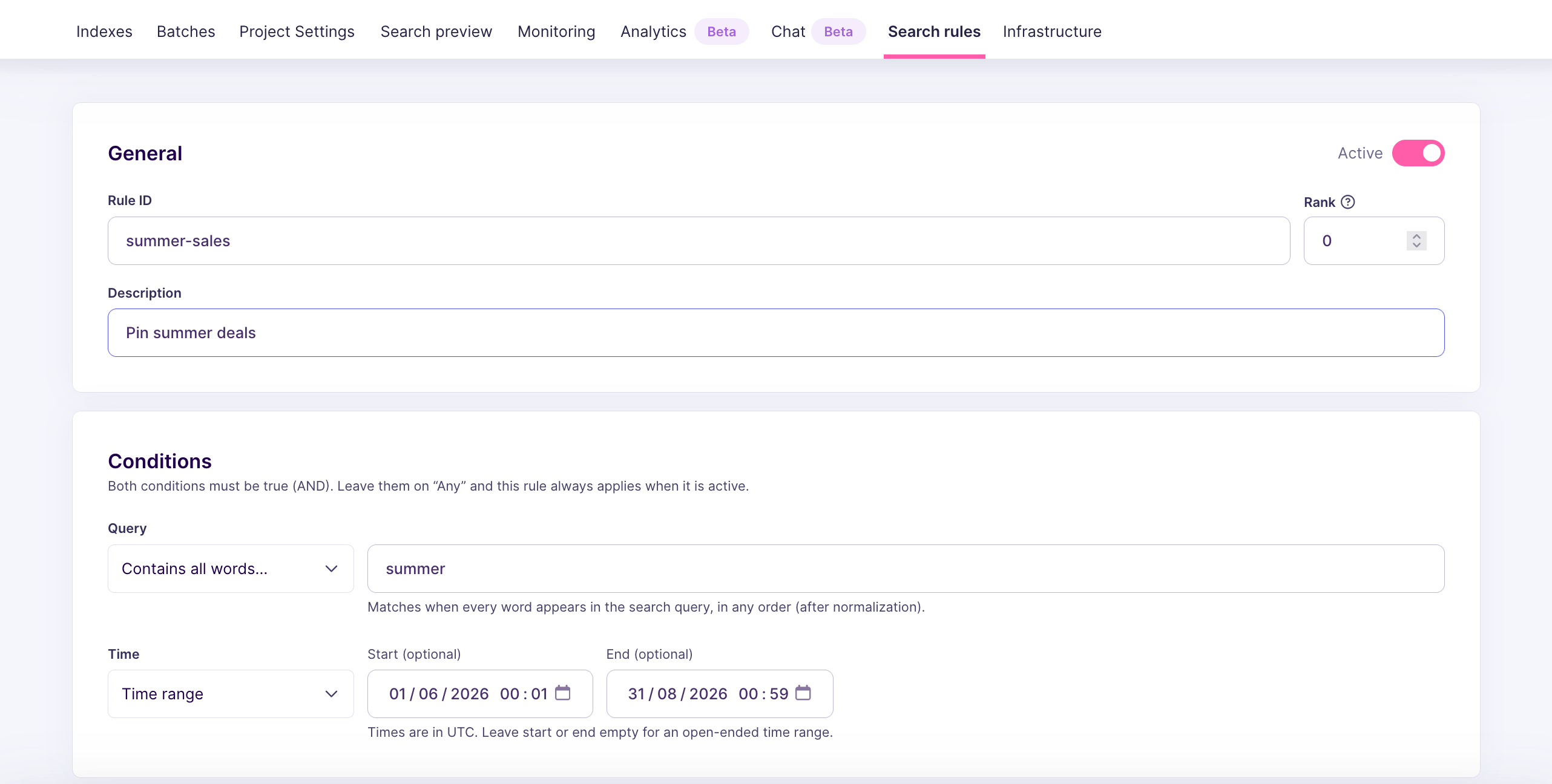 Rule editor with a Rule ID and description filled in