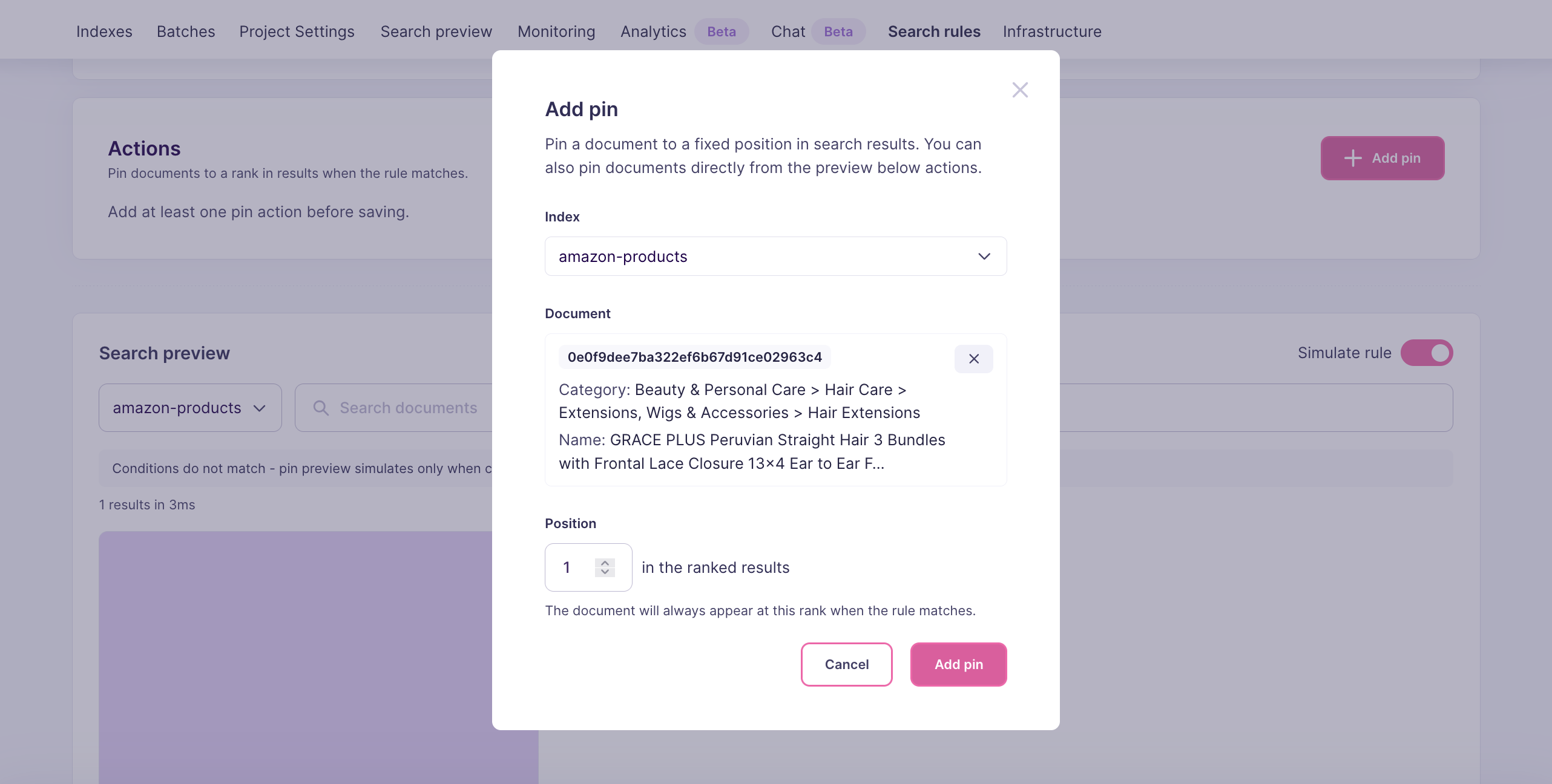 Add pin dialog configured for the first featured document