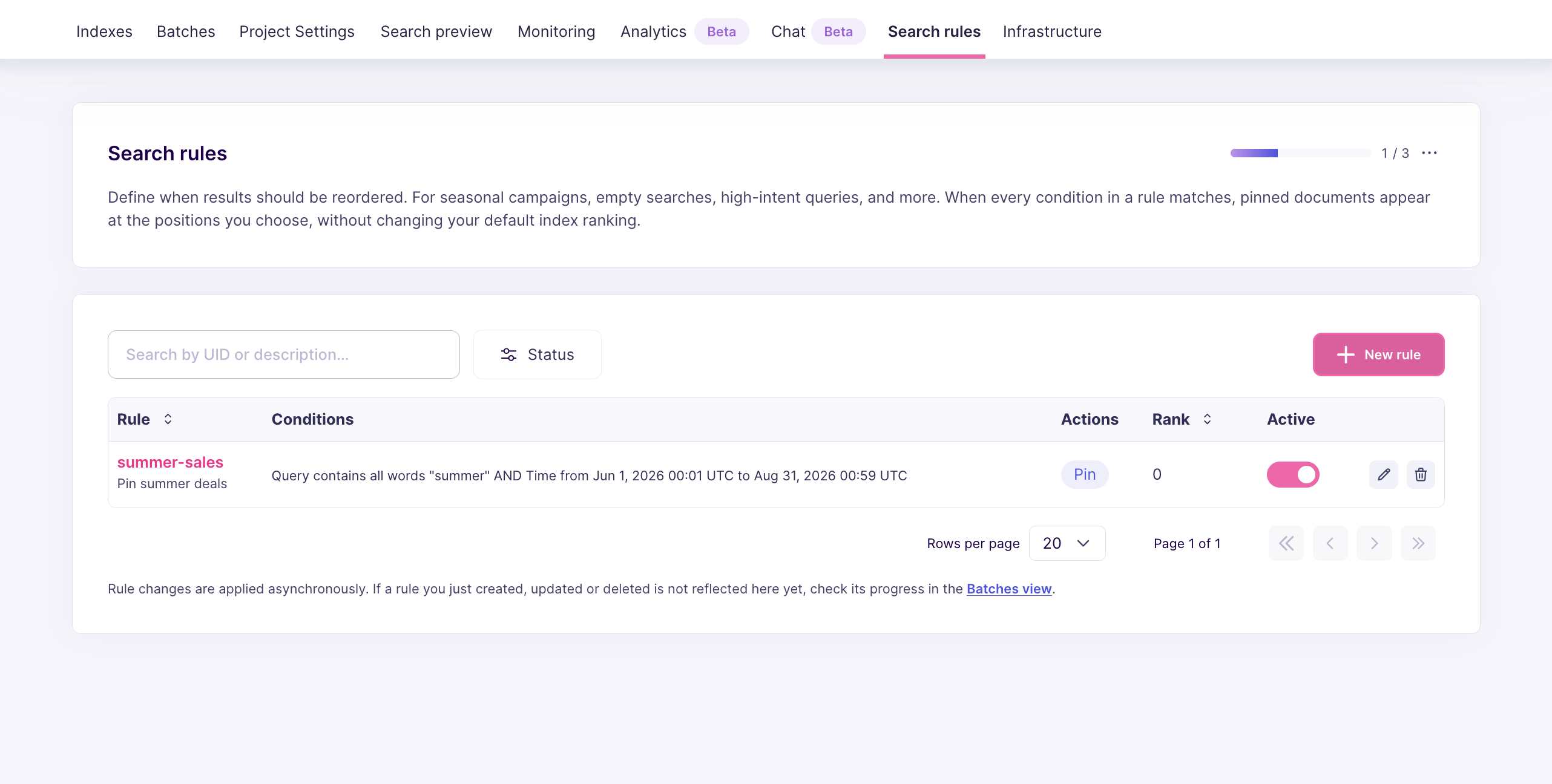Search rules list with the curated empty-state rule