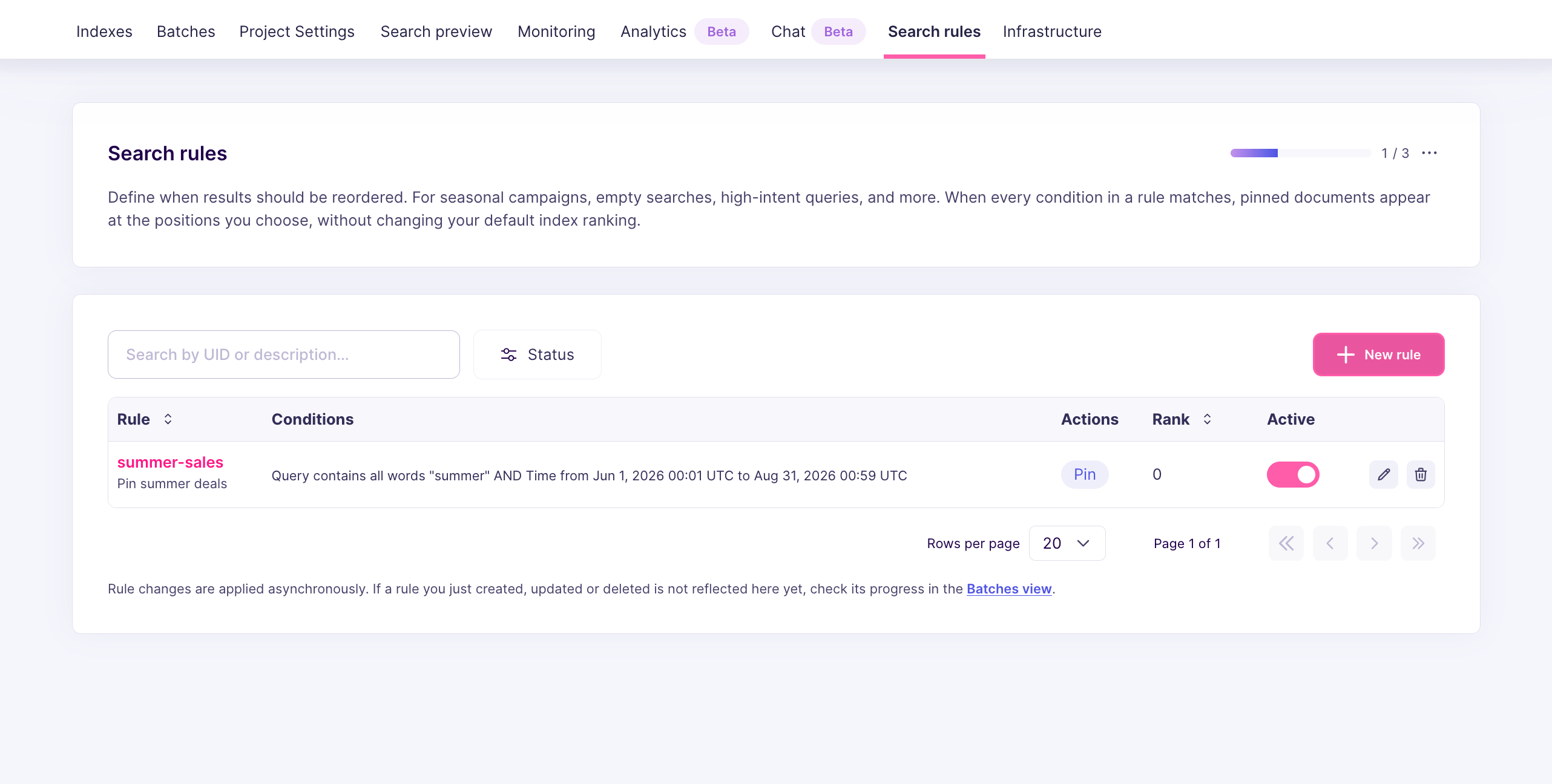 Search rules list showing the active toggle on each row