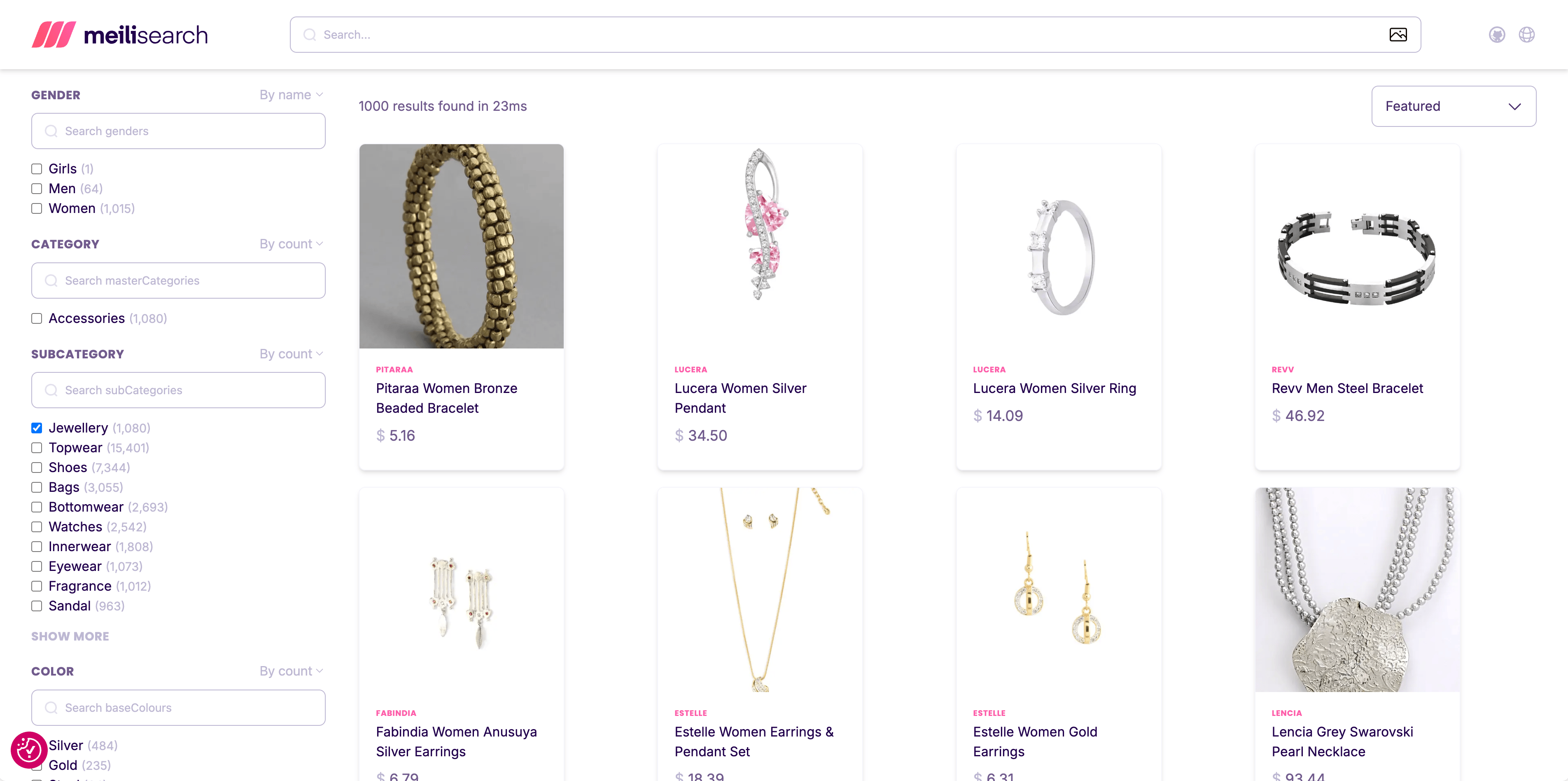 E-commerce demo showing faceted product search