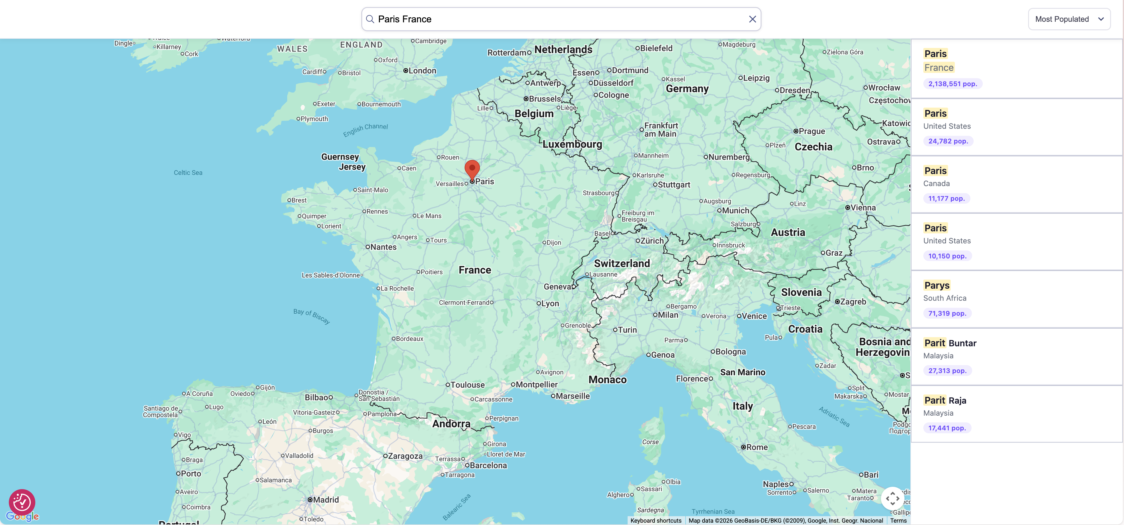Geosearch demo showing Paris results on a map